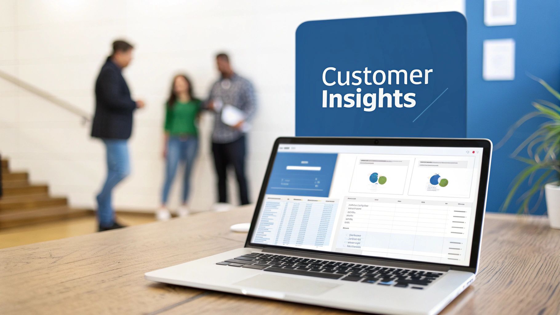 Laptop displaying customer insights dashboard with data tables and charts in modern office setting