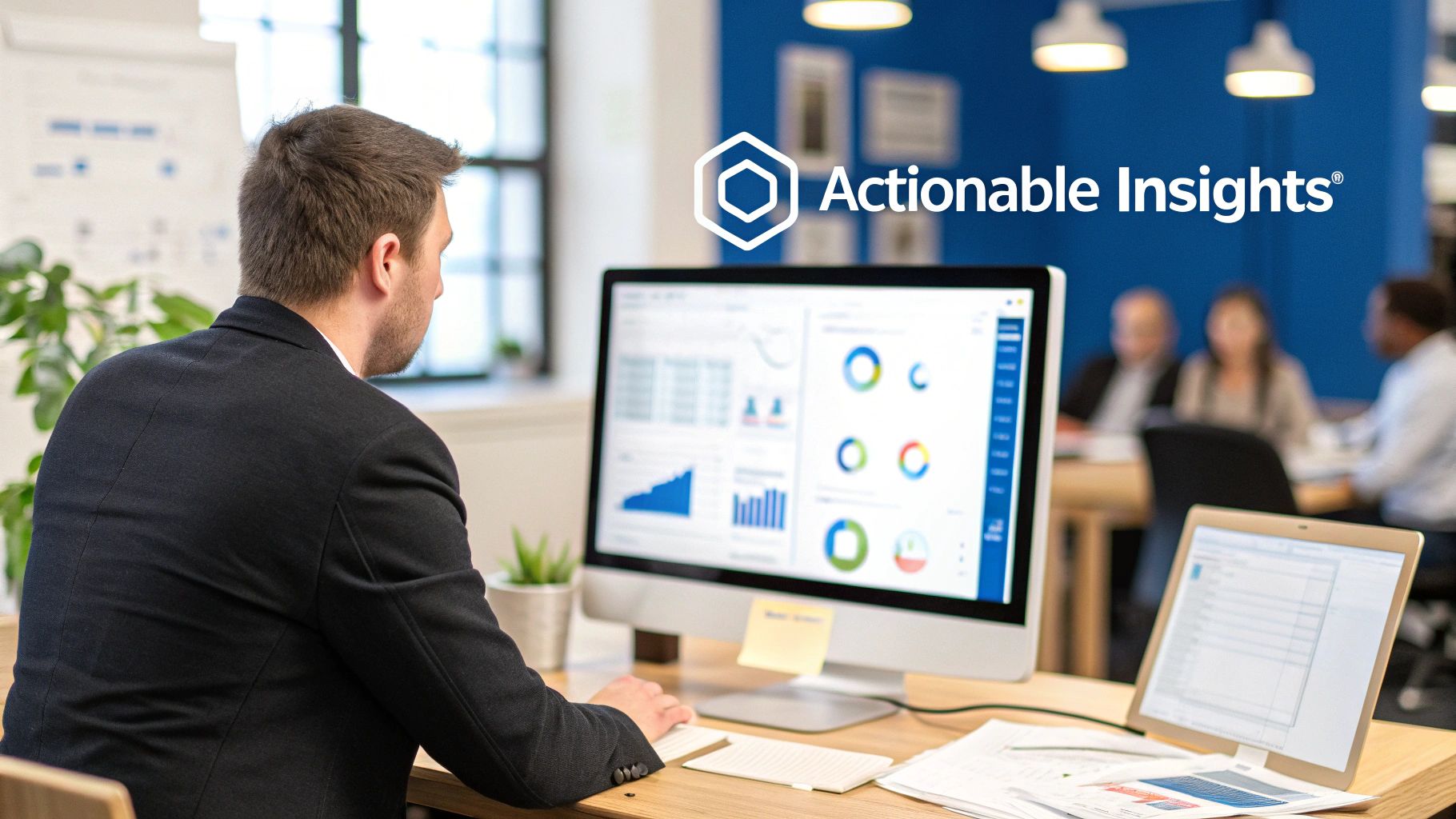 Man in a suit viewing data visualizations and charts on a large desktop monitor in an office.