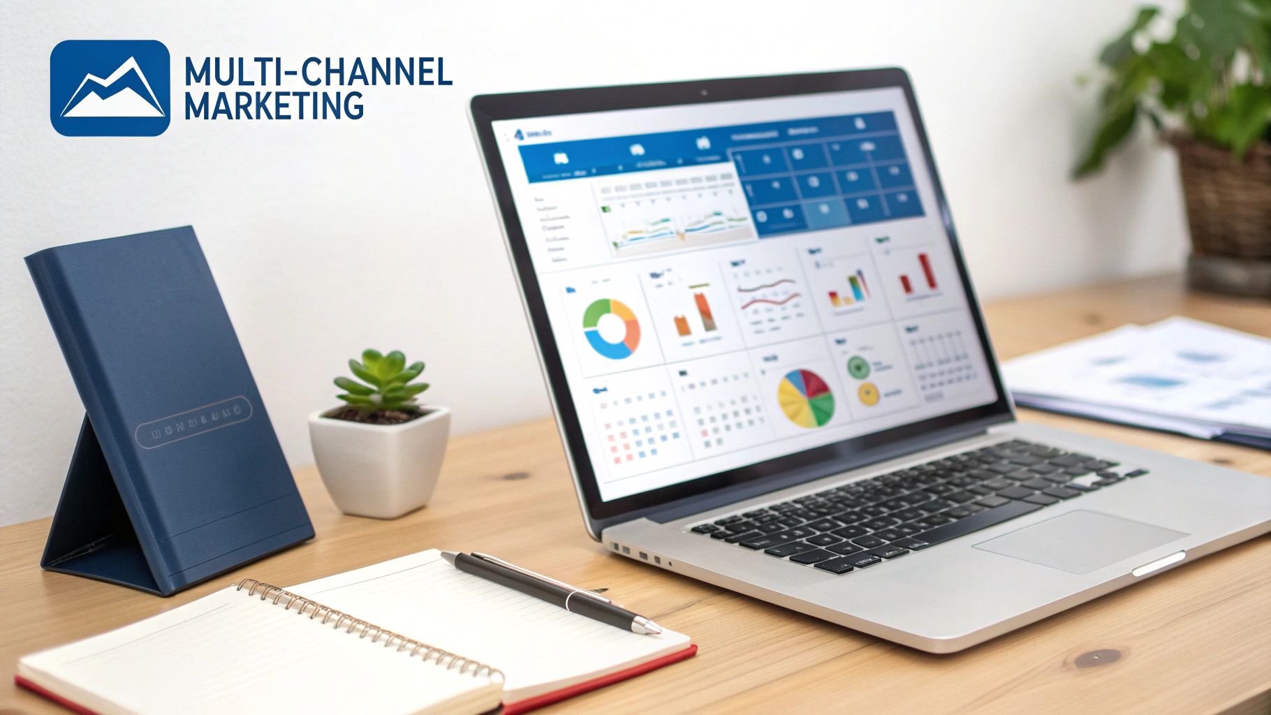 A laptop displays multi-channel marketing analytics dashboards on a wooden desk with a notebook and plant.