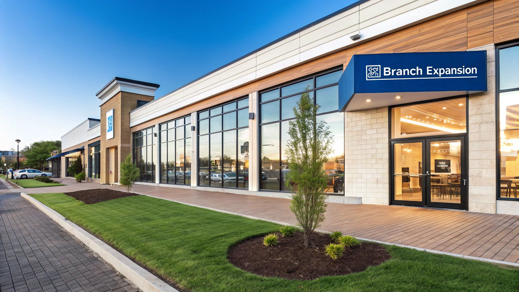 Friendly bank teller assisting a customer in a bright, welcoming bank branch