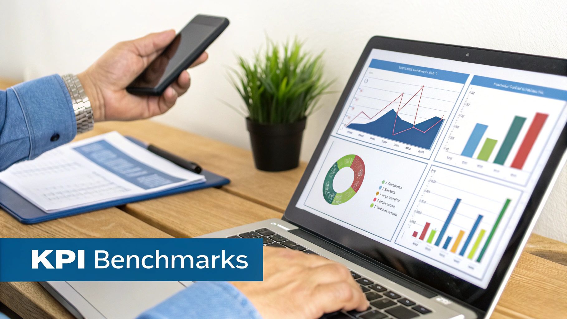 A person analyzing KPI benchmarks on a laptop with data dashboards, holding a smartphone.