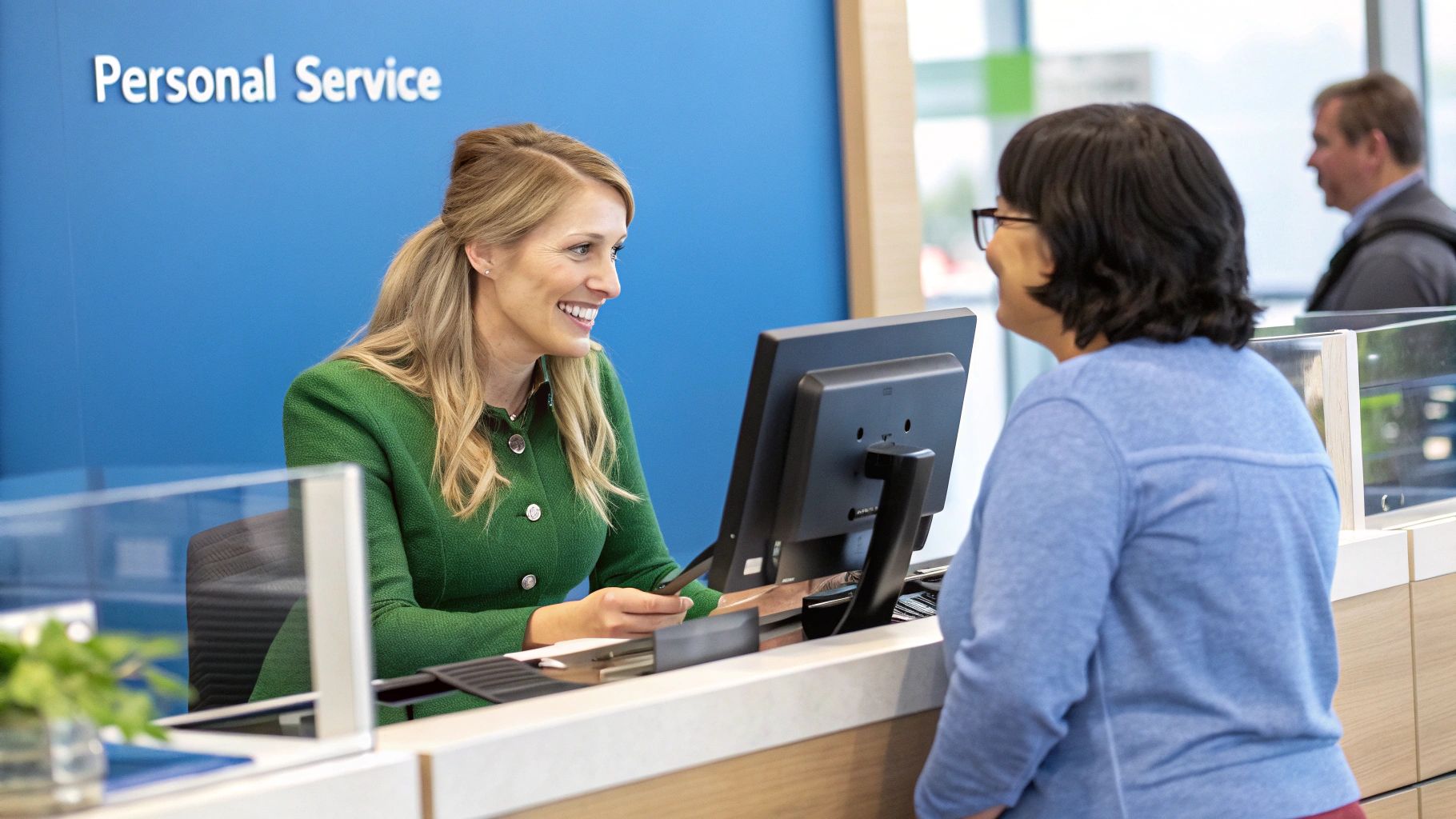 A smiling bank teller assists a customer at a convenient drive-through window.