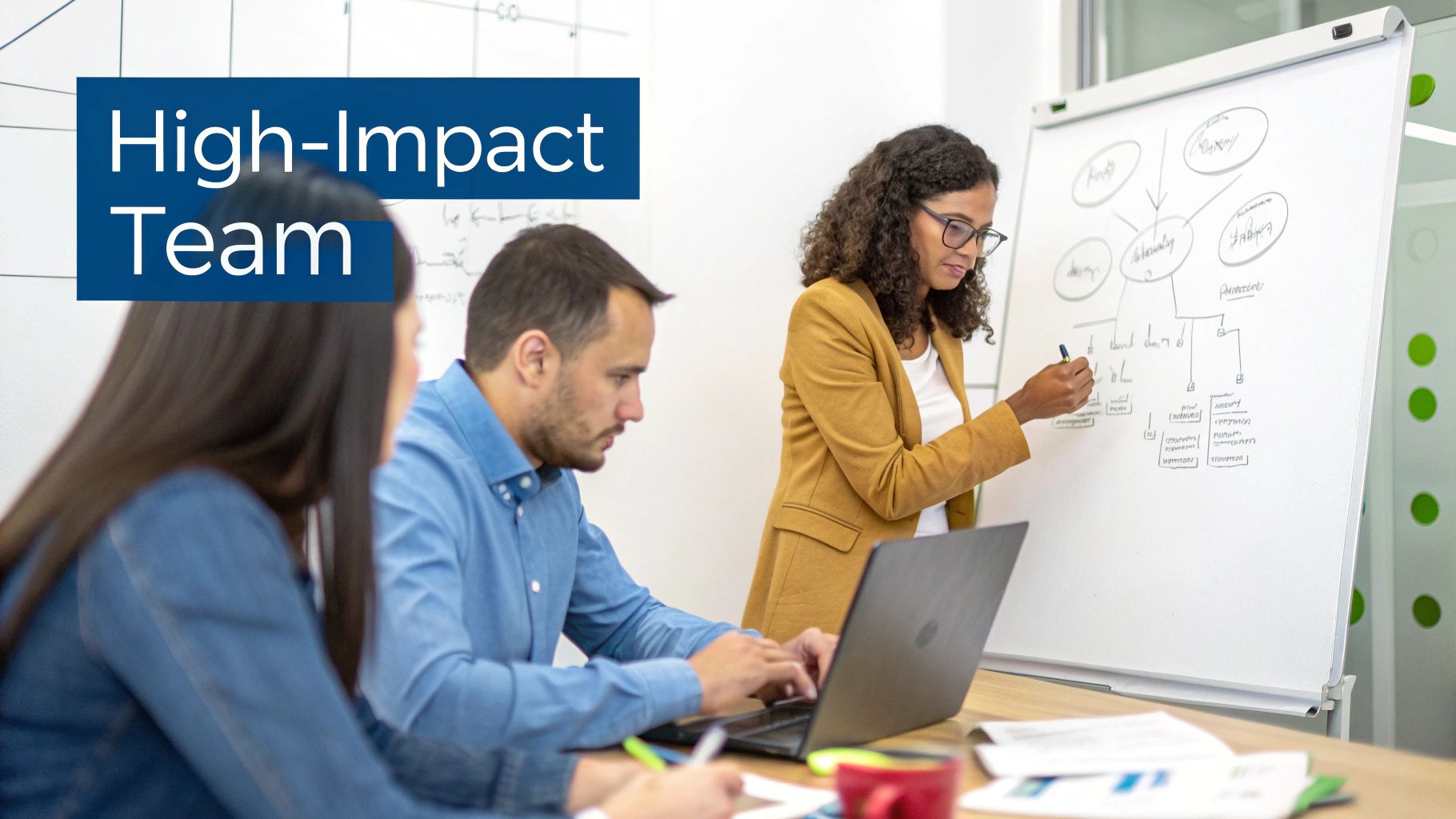 Diverse business team collaborating on strategy with woman presenting workflow diagram on whiteboard