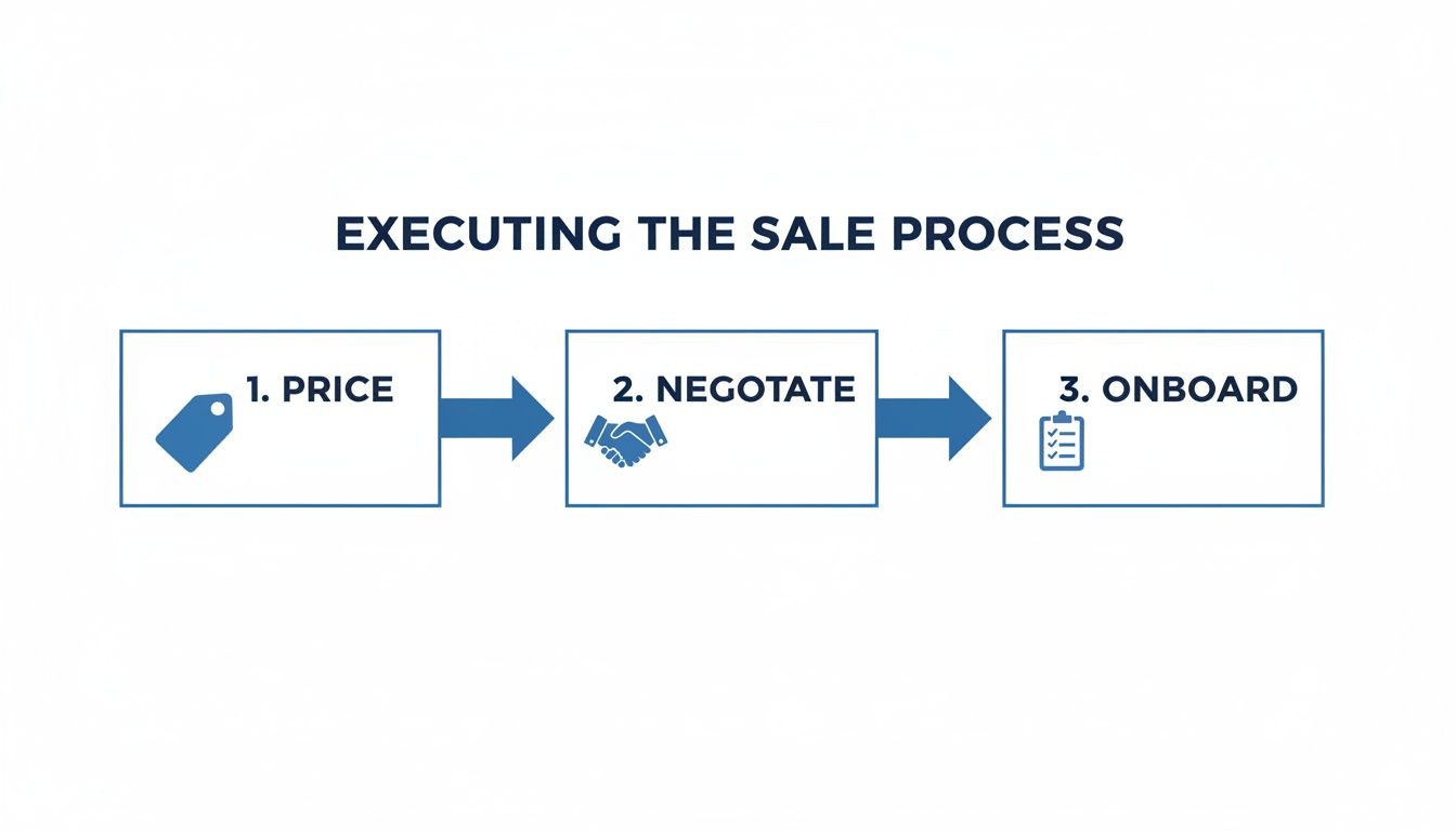 Flowchart showing the three steps of a sales process: price, negotiate, and onboard.