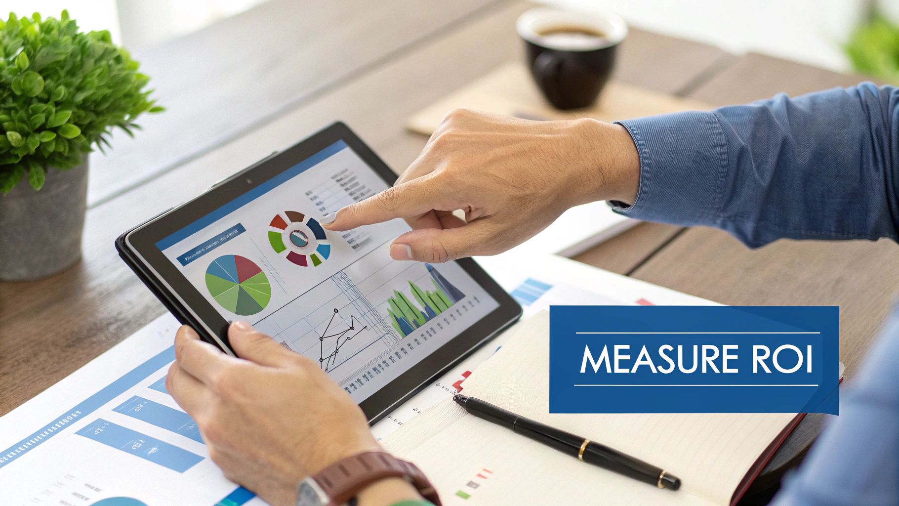 Close-up of hands analyzing charts and graphs on a tablet screen, measuring ROI.
