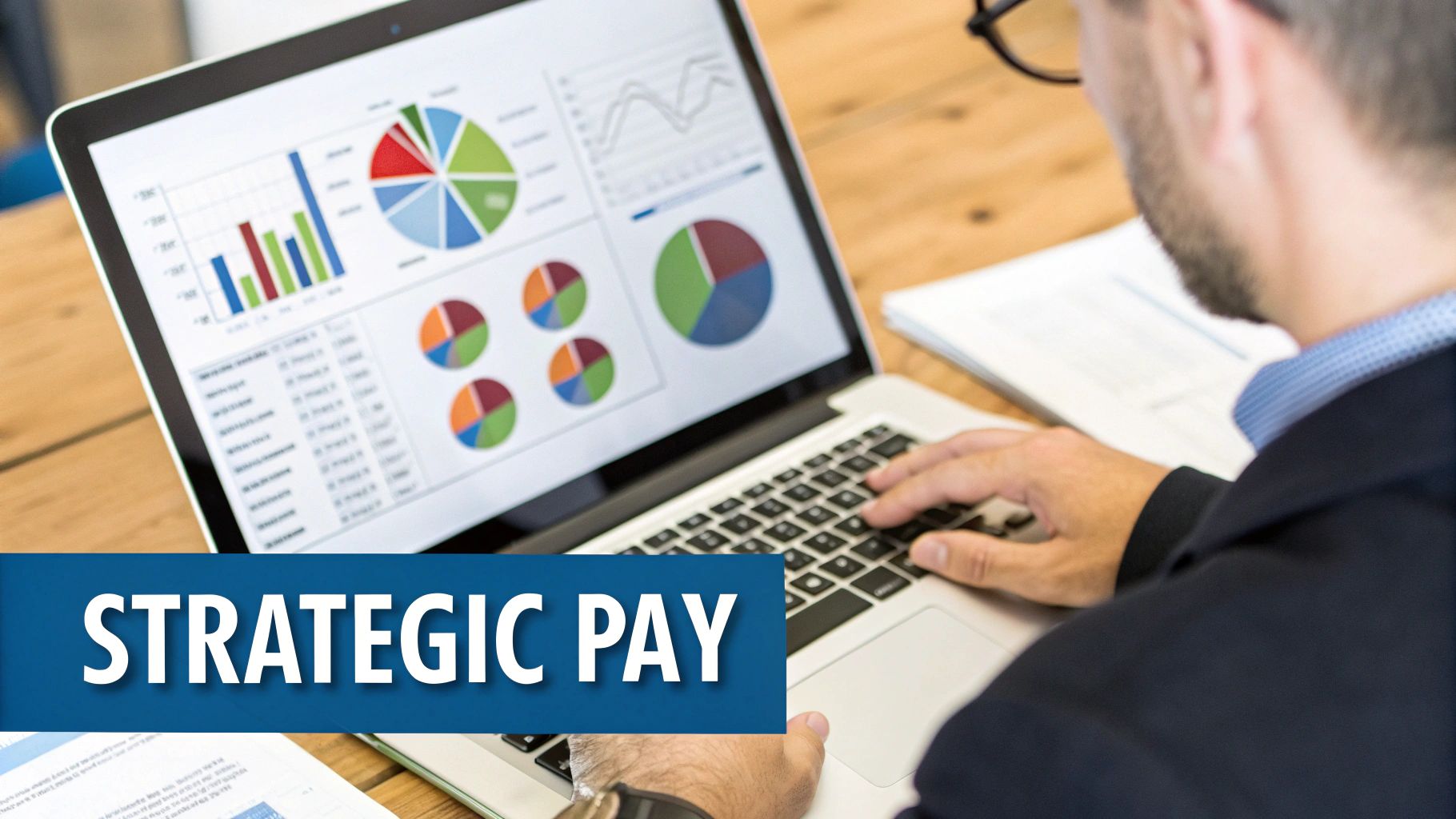 A professional analyzing financial charts and data on a tablet, symbolizing a data-driven approach to compensation.