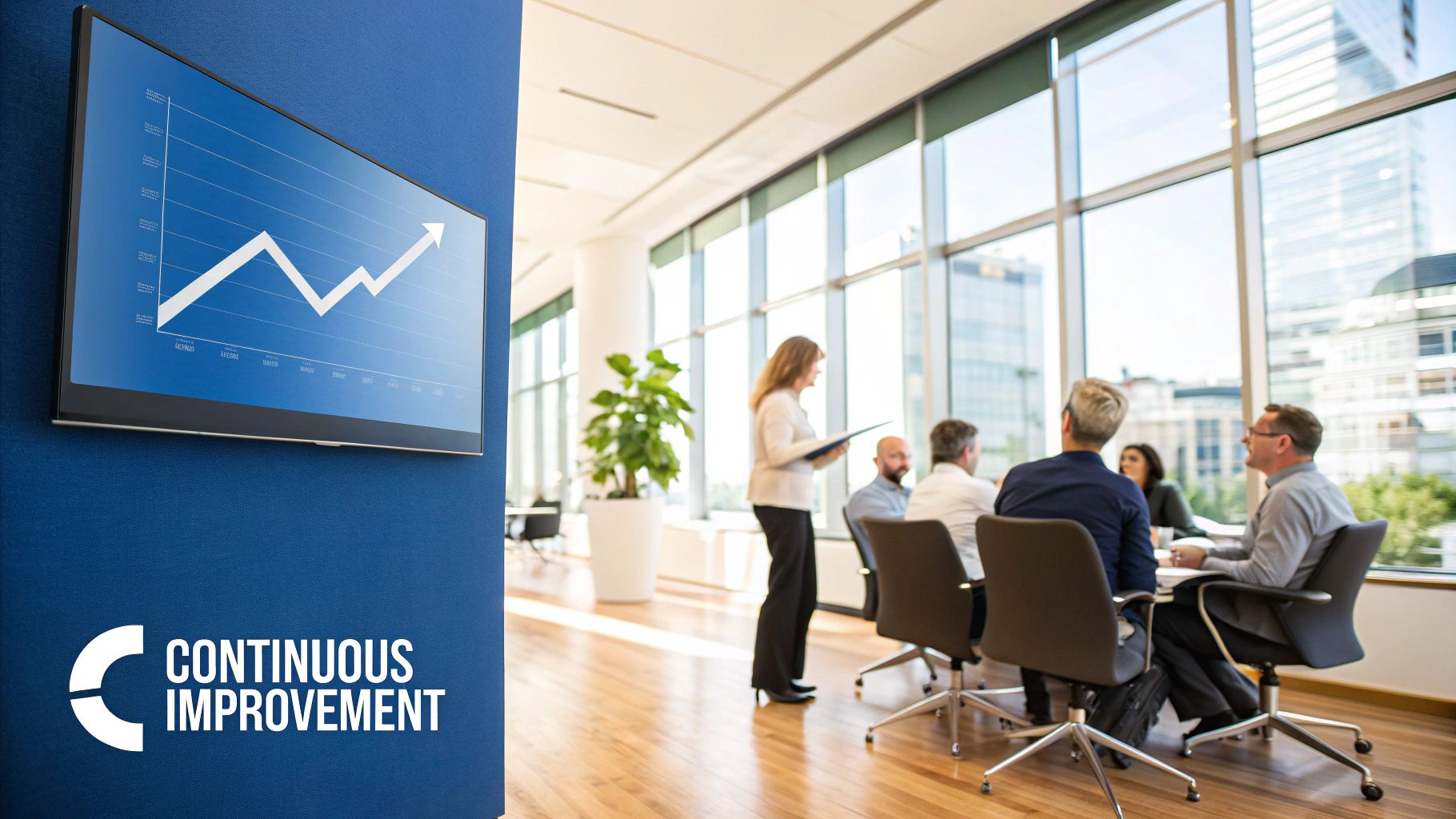 A financial analyst presenting a chart showing positive ROI on a large screen in a modern boardroom.