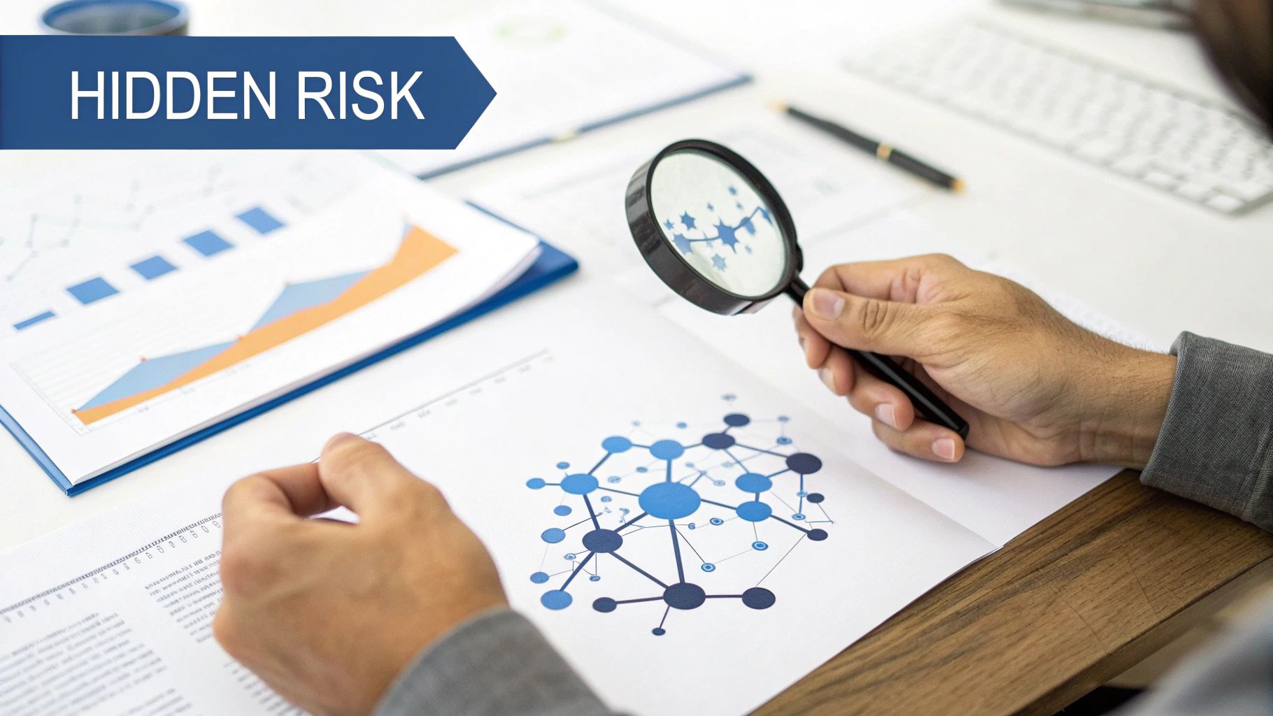 A person analyzing network diagrams and charts with a magnifying glass, revealing hidden risks on a desk.
