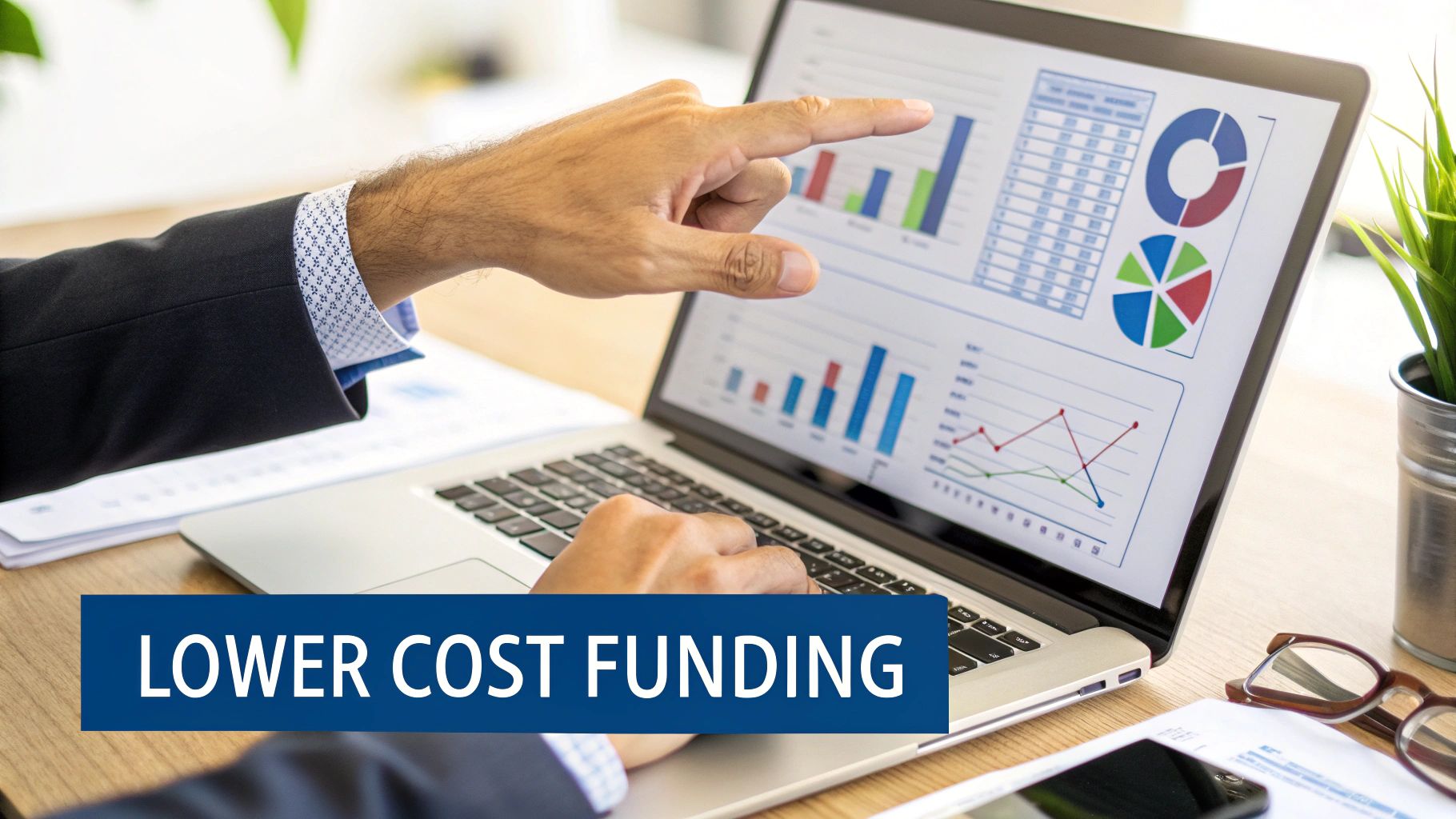 A businessman's hand pointing at financial charts and graphs on a laptop screen, with 'Lower Cost Funding' text overlay.