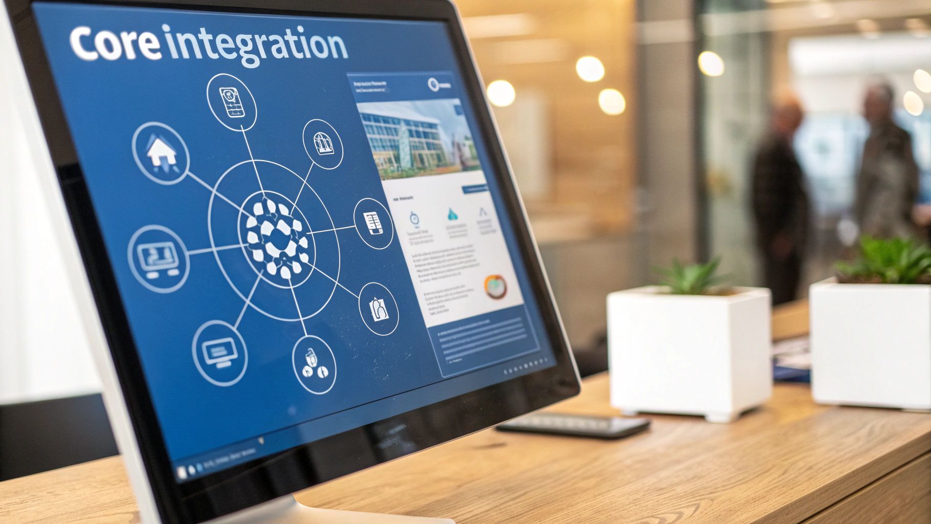 A computer monitor displays a "Core integration" diagram and a business application interface on a wooden desk.