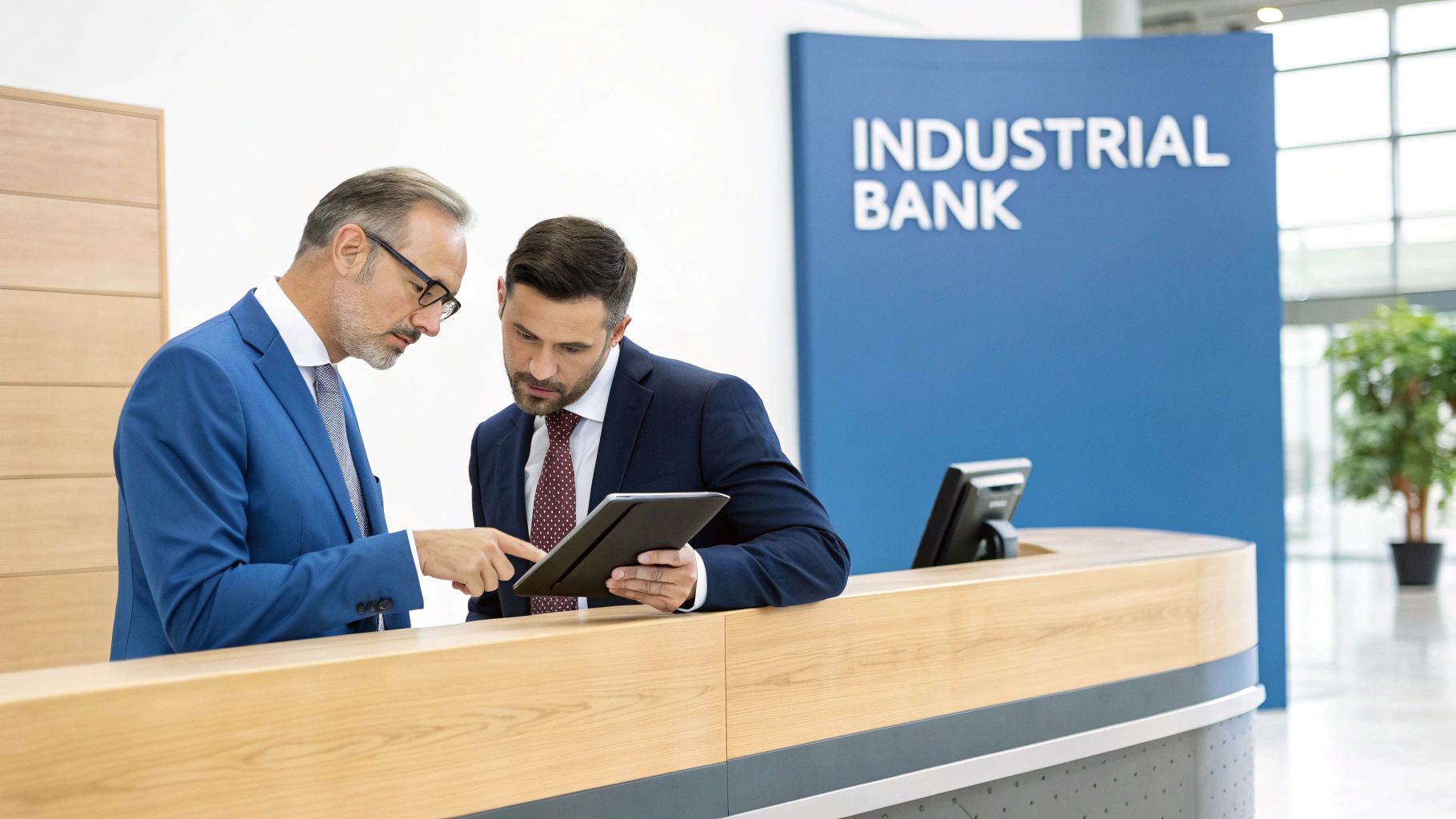 Two businessmen in suits discuss data on a tablet at an Industrial Bank reception desk.