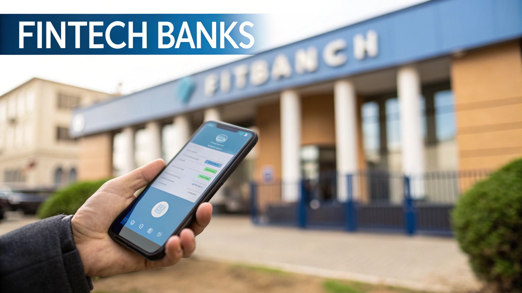 Person using a fintech banking app on a smartphone outside a bank building.