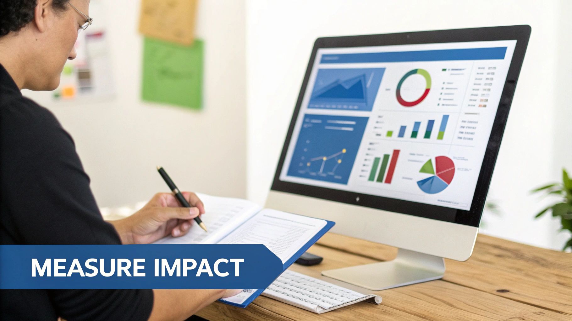 Professional woman analyzing colorful data dashboard charts and graphs on computer monitor for impact measurement