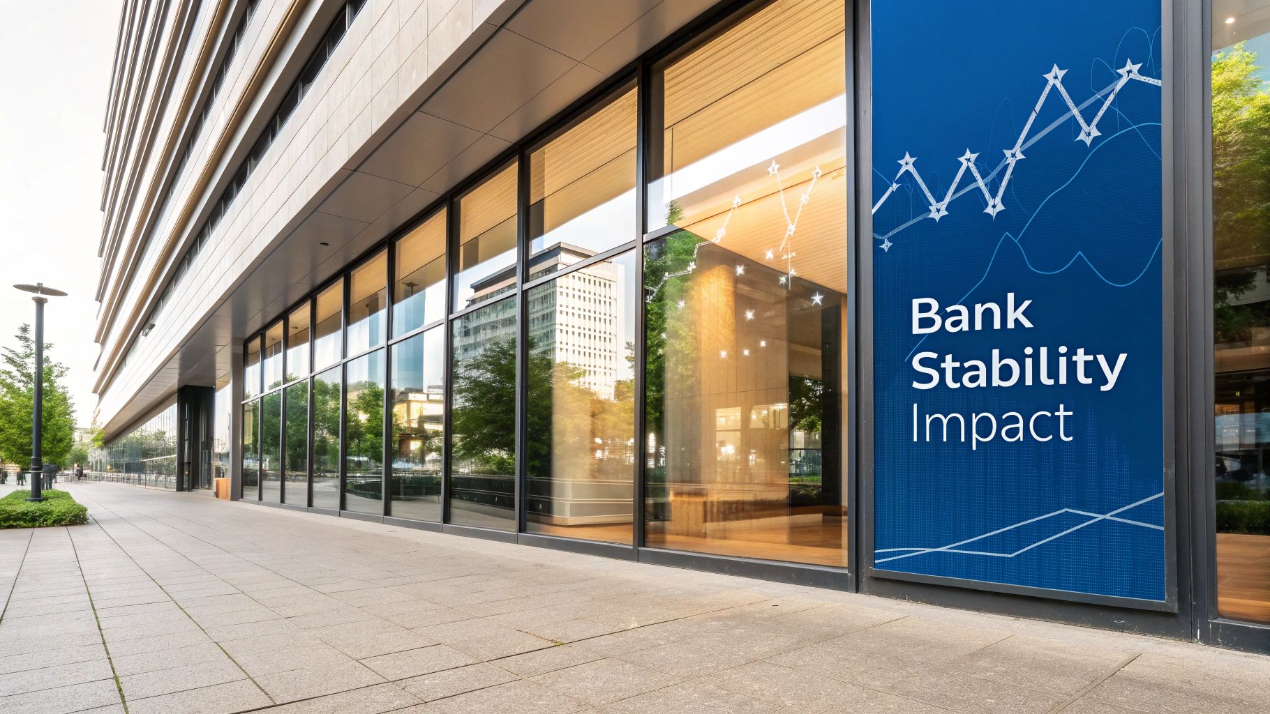 A split-screen image showing a traditional bank on one side and a modern data visualization dashboard on the other, symbolizing the shift from old to new benchmarking methods.