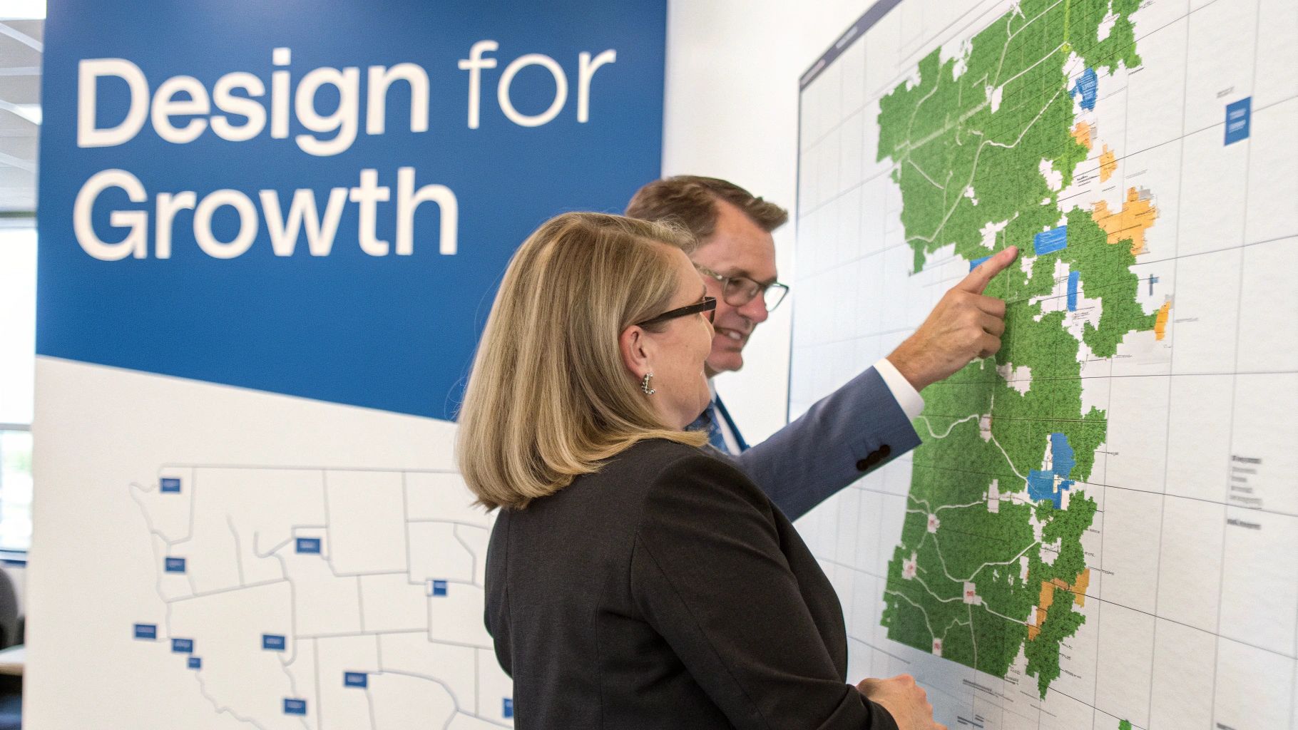 Two business people examine a large map, pointing at sales territories for growth planning.