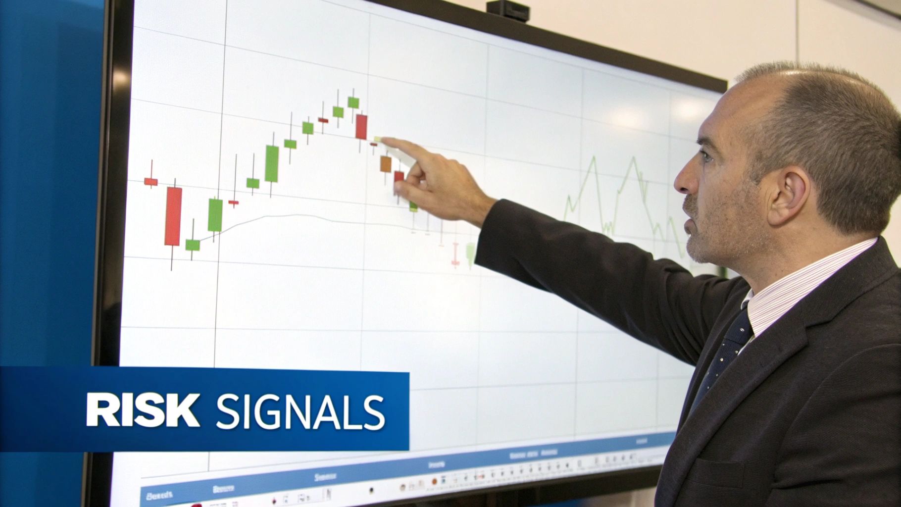 A financial professional in a suit points to a candlestick chart on a large screen displaying market data and 'RISK SIGNALS'.