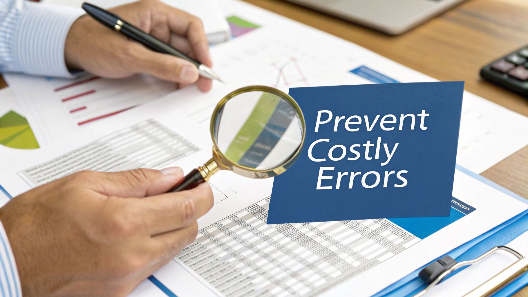 Hands using a magnifying glass and pen to review financial reports, with a 'Prevent Costly Errors' overlay.