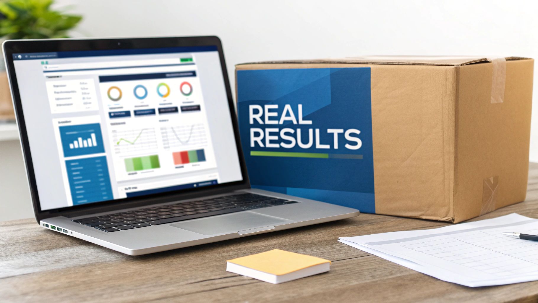 A laptop on a wooden desk displaying business data charts and graphs, next to a 'REAL RESULTS' box.