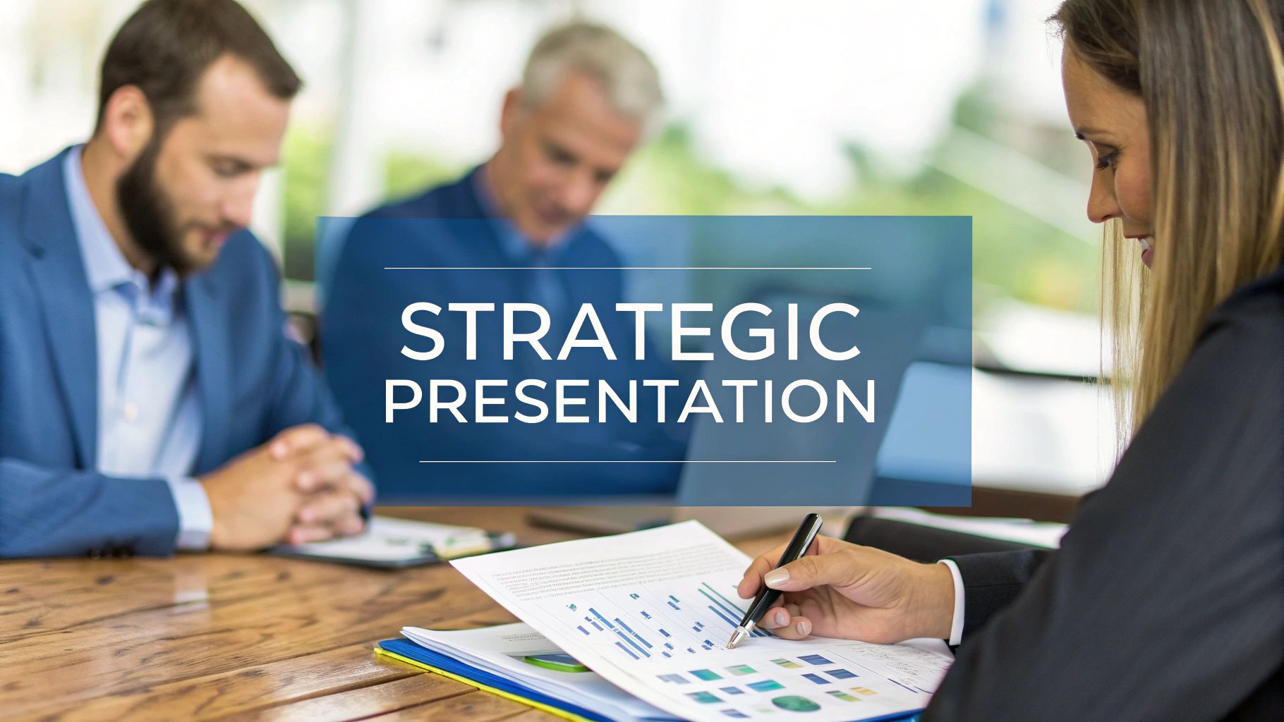 A group of bank executives reviewing a strategic plan on a large tablet in a modern boardroom.