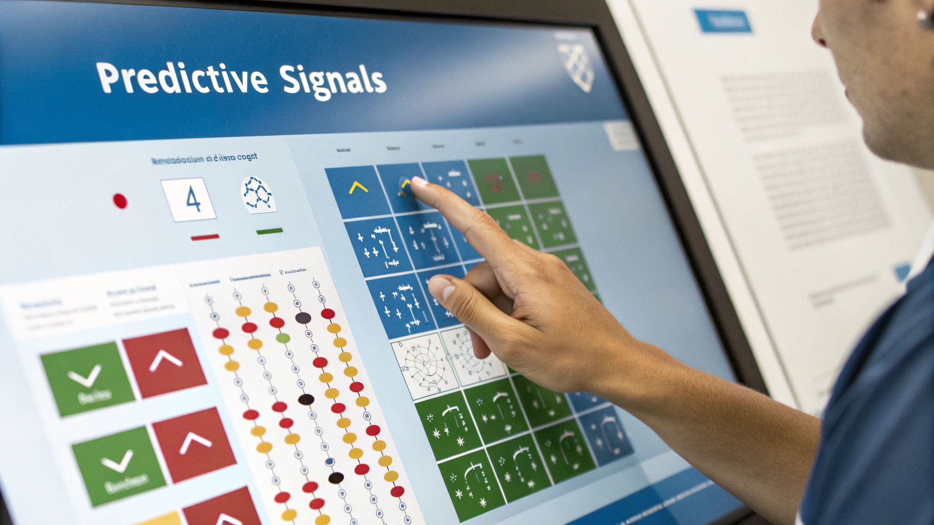 A person's hand interacts with a large touchscreen displaying 'Predictive Signals' and various data visualizations.