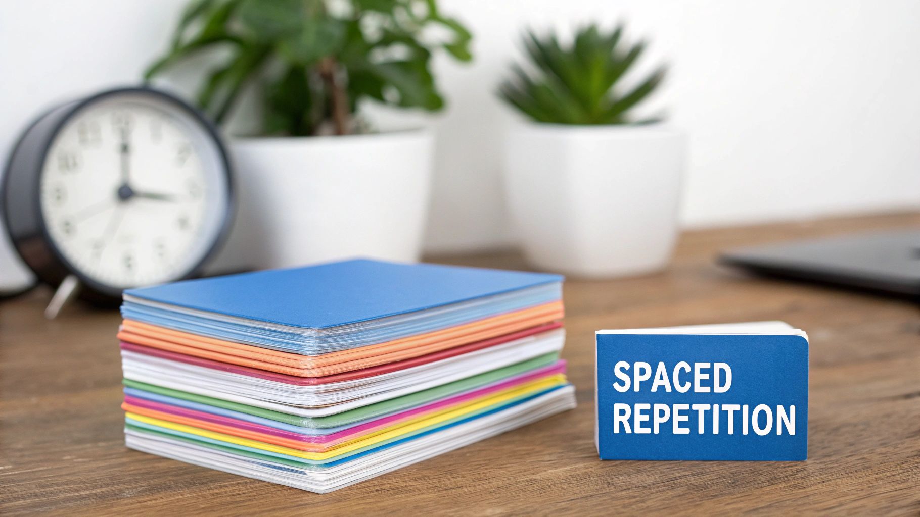 A desk with a stack of colorful flashcards and a blue card saying 'SPACED REPETITION'.