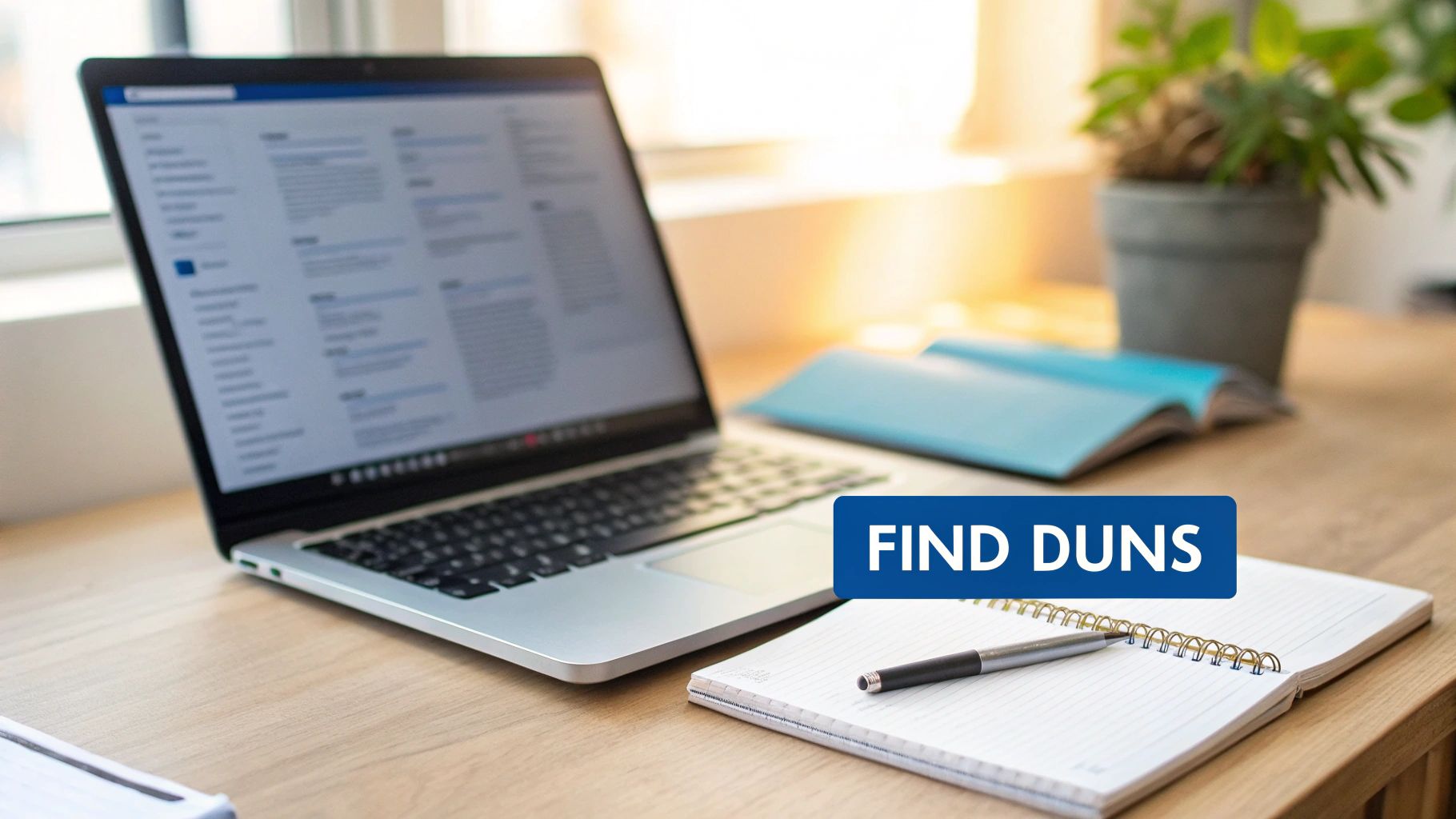 A laptop, notebook, and pen on a wooden desk with a blue 'FIND DUNS' button overlay, indicating business research.