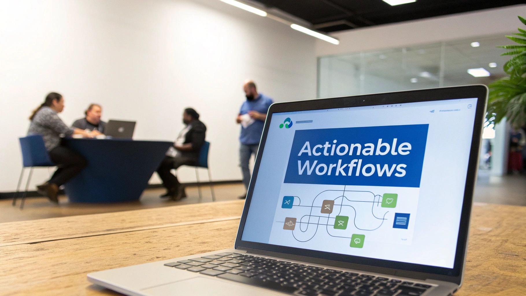 A laptop on a wooden table displaying 'Actionable Workflows' with a diagram, while people meet in the background.
