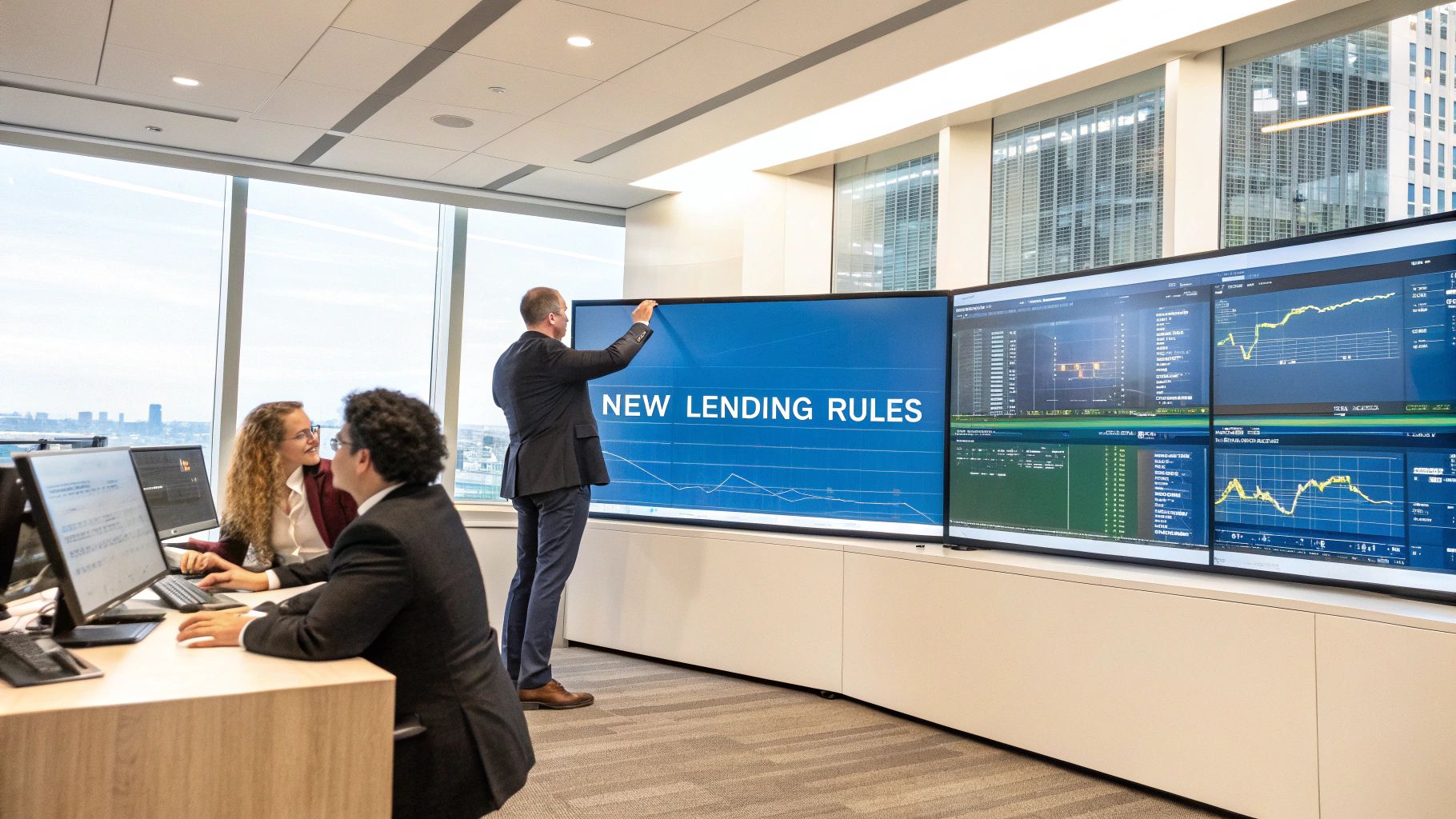 A modern city skyline with towering commercial real estate buildings