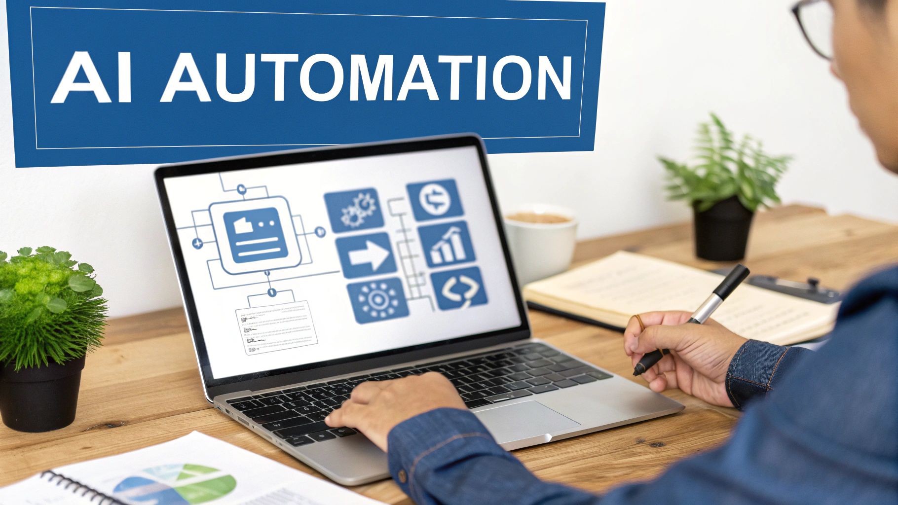 Person working on a laptop showing an AI automation flowchart, with a 'AI AUTOMATION' banner.