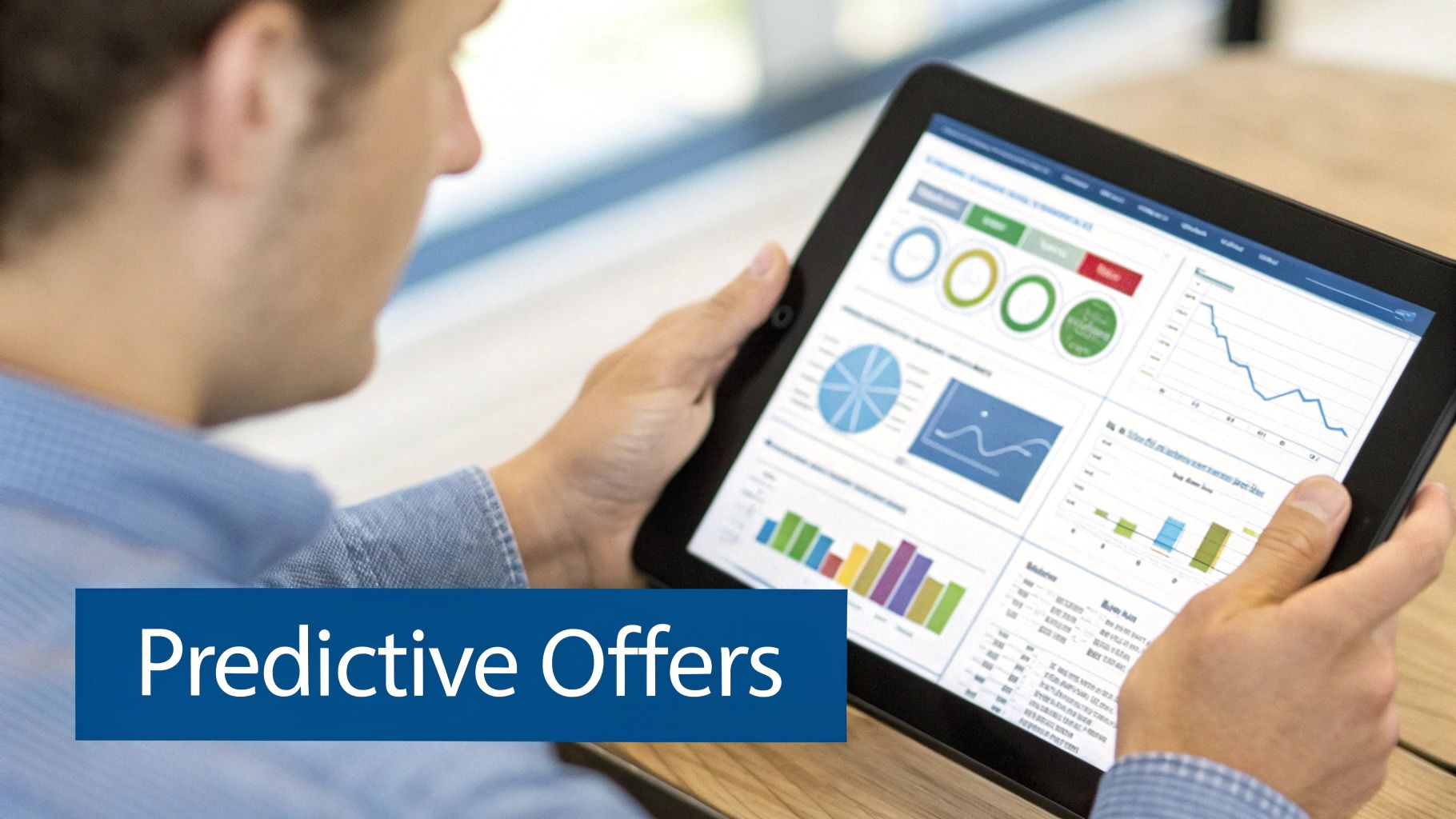 A person holds a tablet displaying various business charts and graphs, with "Predictive Offers" text overlay.