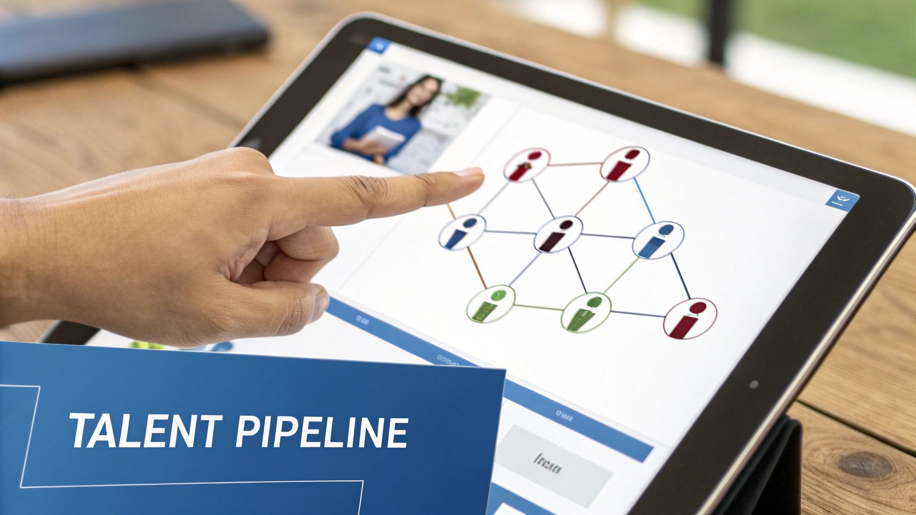 A hand points at a tablet screen displaying a talent pipeline network diagram.