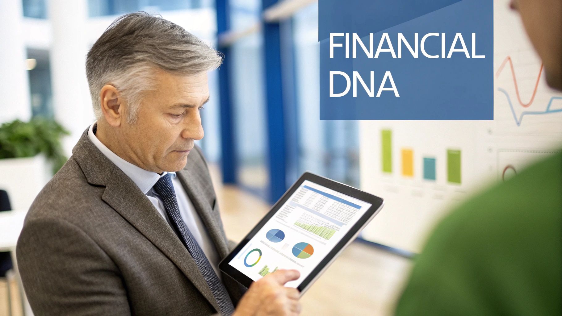 A businessman reviews financial data on a tablet displaying charts and graphs during a meeting.