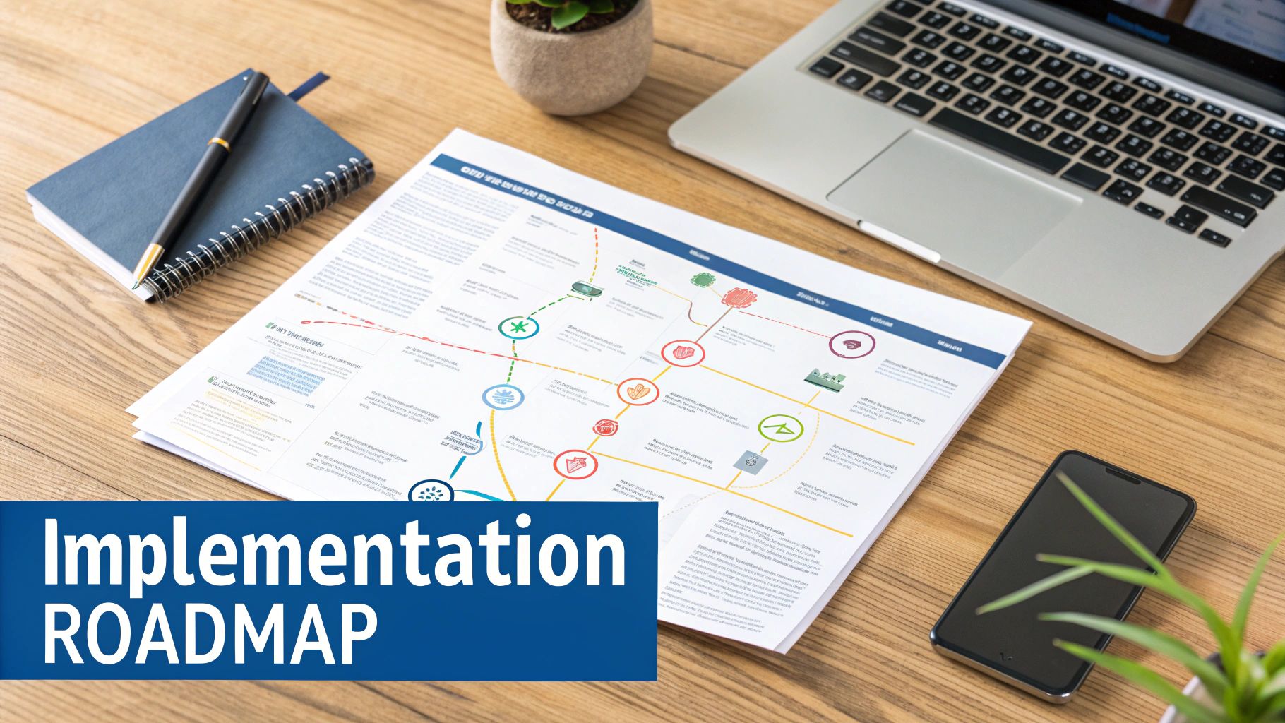 An 'Implementation ROADMAP' document is laid out on a wooden desk, surrounded by a laptop, phone, and notebook.