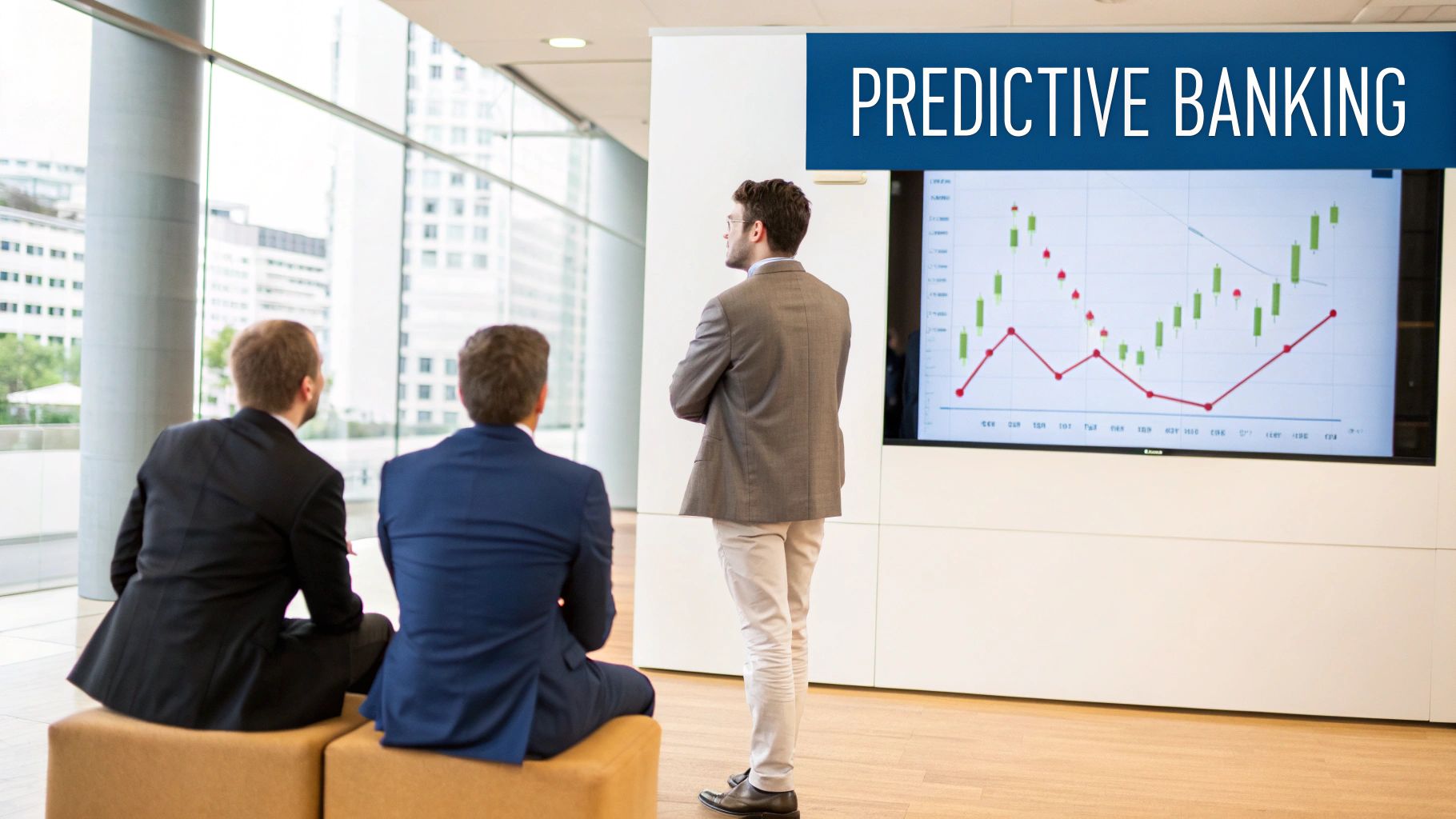 Three businessmen analyze a financial graph on a large screen displaying 'Predictive Banking' in a modern office.