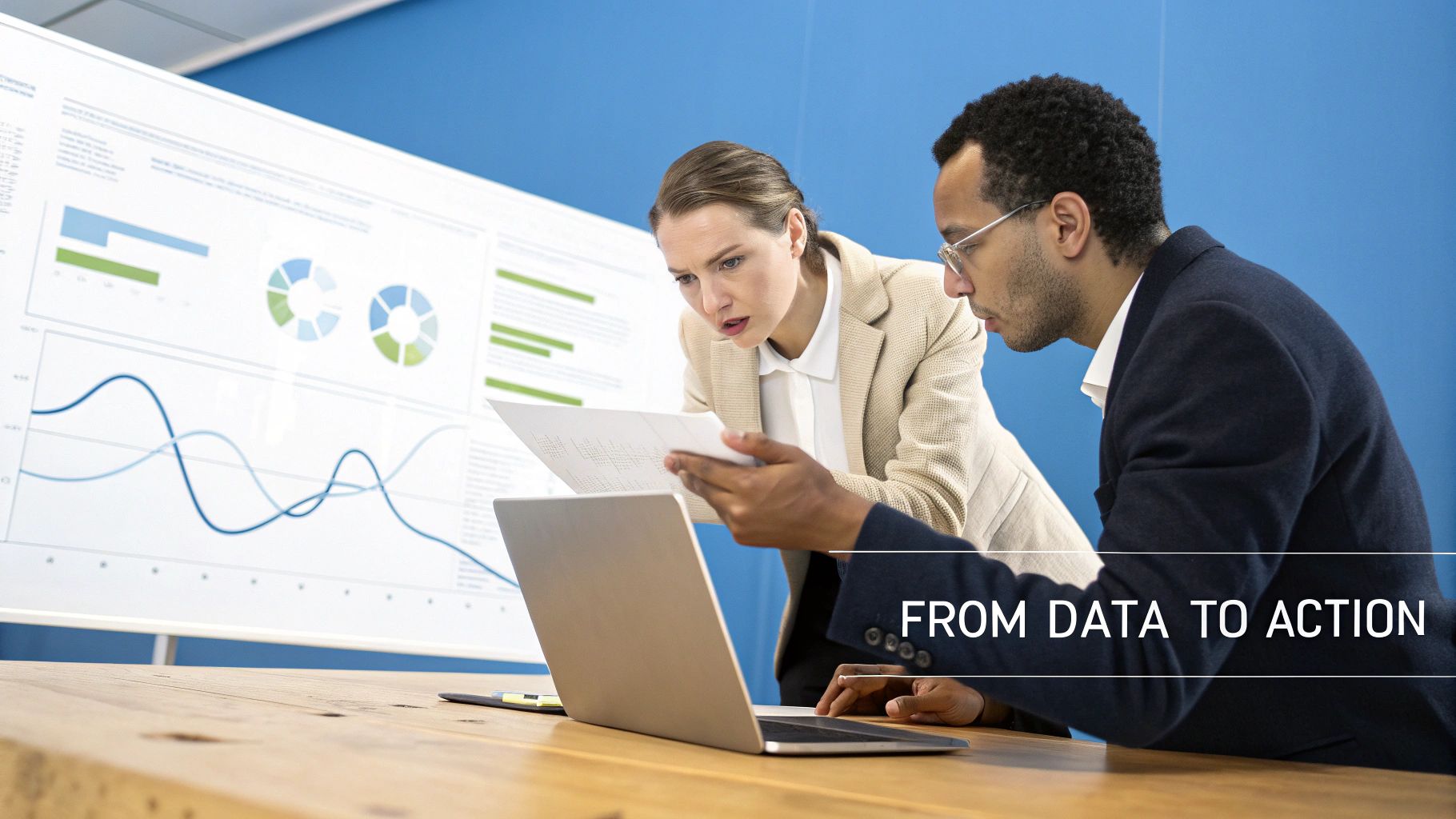 Two business professionals analyzing data on a laptop and documents, with charts on a screen.