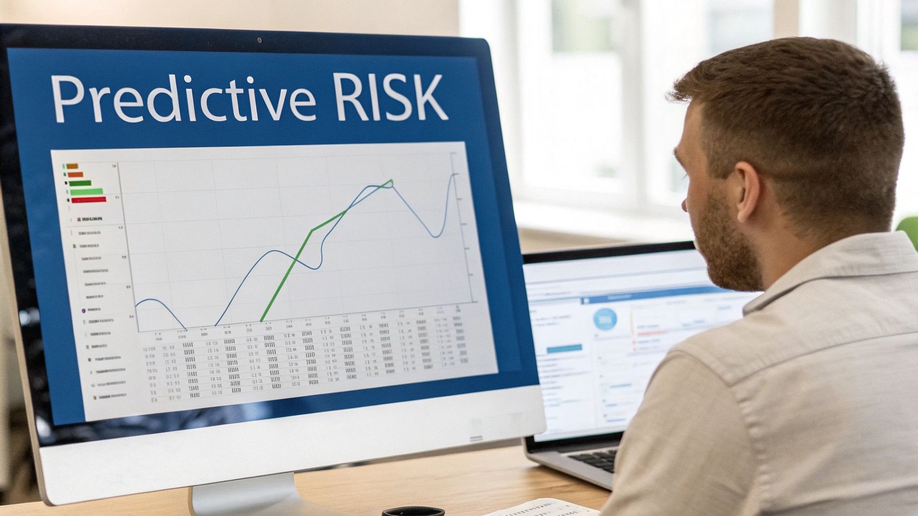 A man analyzes predictive risk data and graphs on a computer screen, with a laptop on his desk.