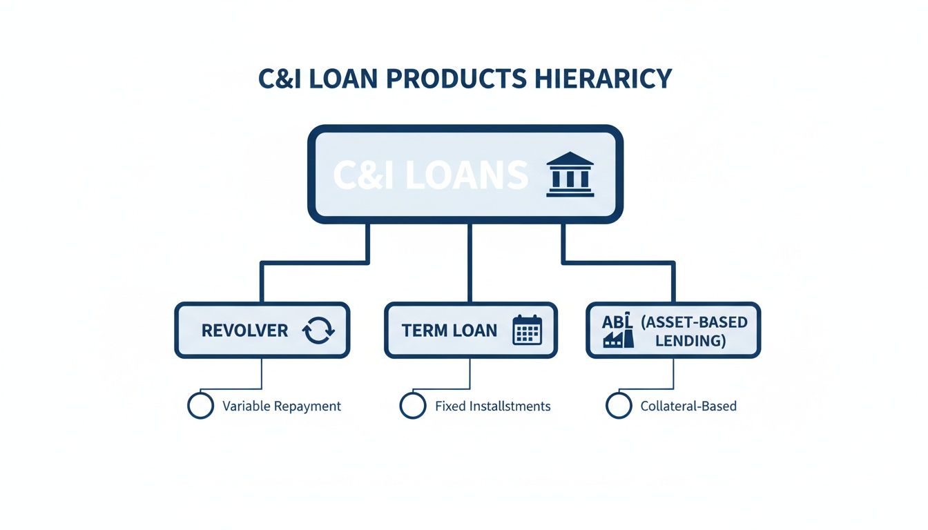 A flowchart detailing C&I loan products: Revolver, Term Loan, and Asset-Based Lending, with their features.