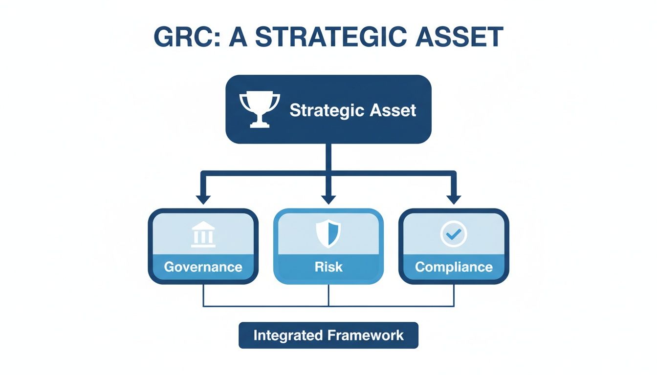 Flowchart illustrating GRC as a strategic asset, encompassing governance, risk, and compliance within an integrated framework.