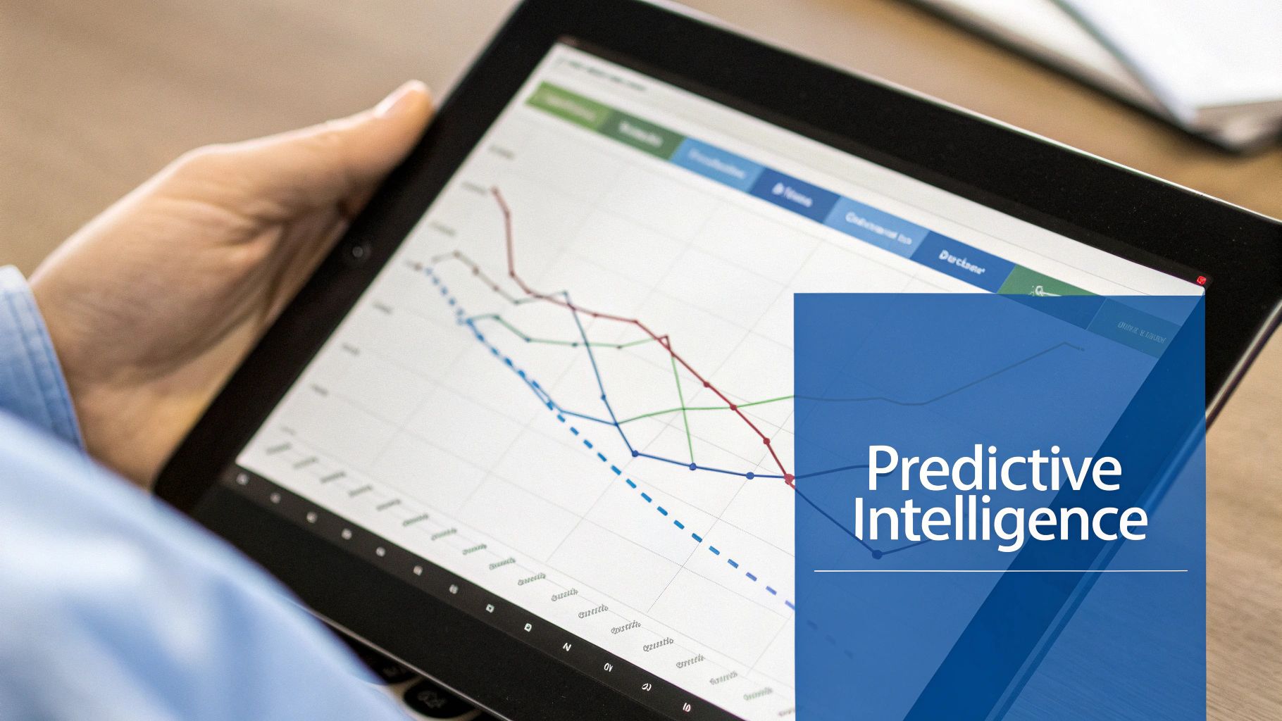 Close-up of a tablet displaying data analytics graphs with a 'Predictive Intelligence' overlay.