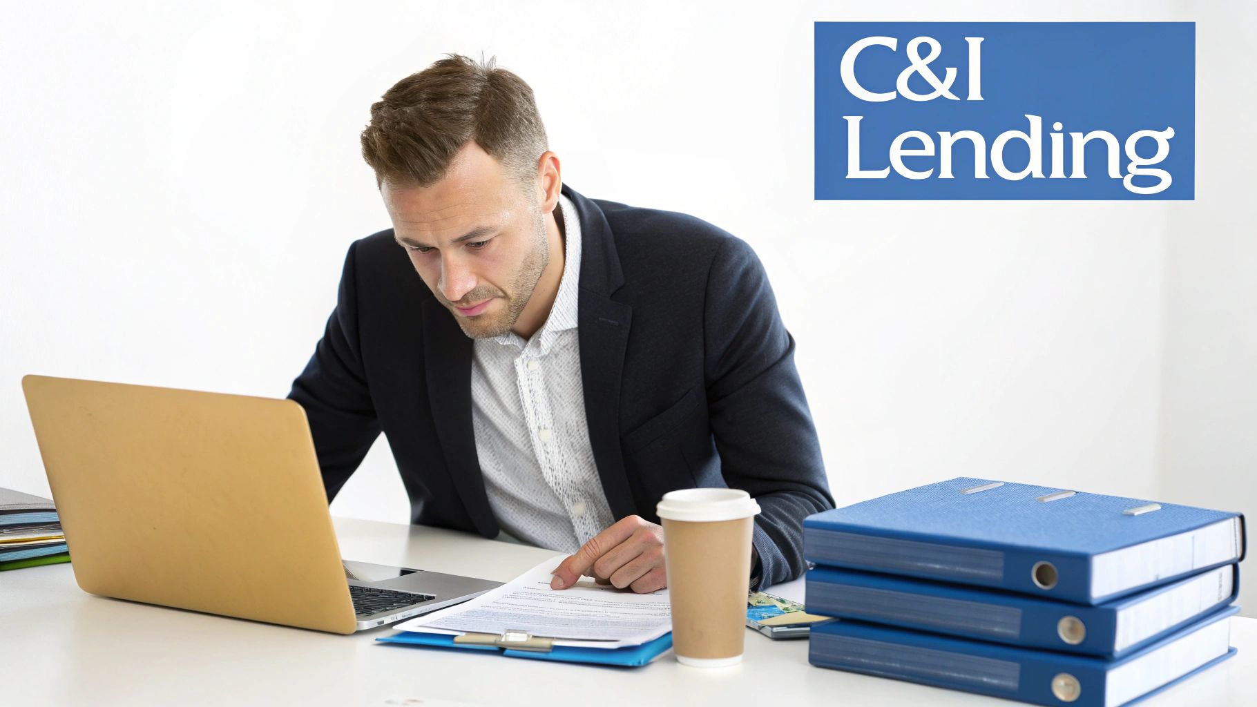 A businessman reviews documents on a desk with a laptop, coffee, and C&I Lending sign.