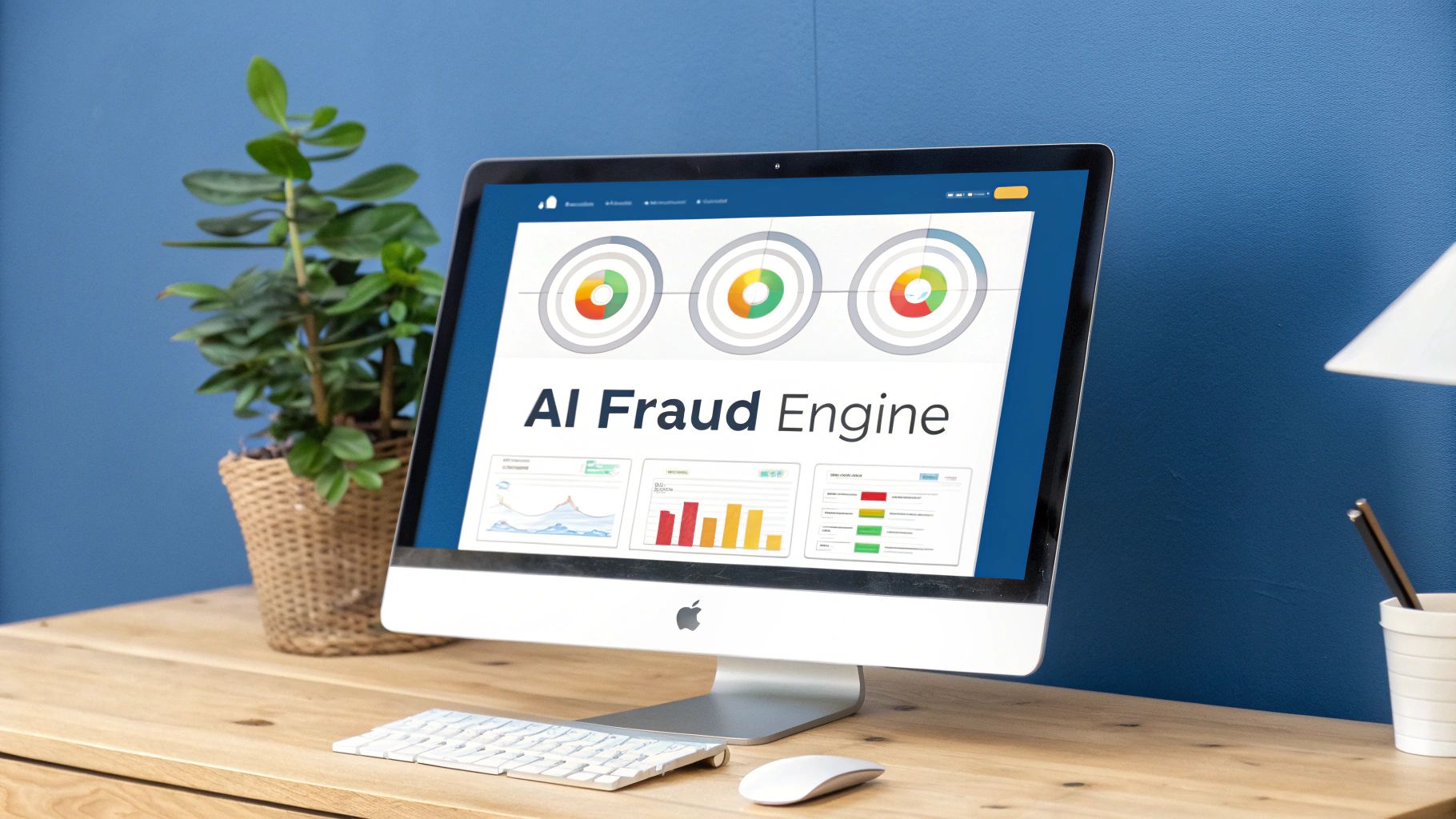 AI Fraud Engine dashboard displaying circular charts and analytics on desktop computer screen