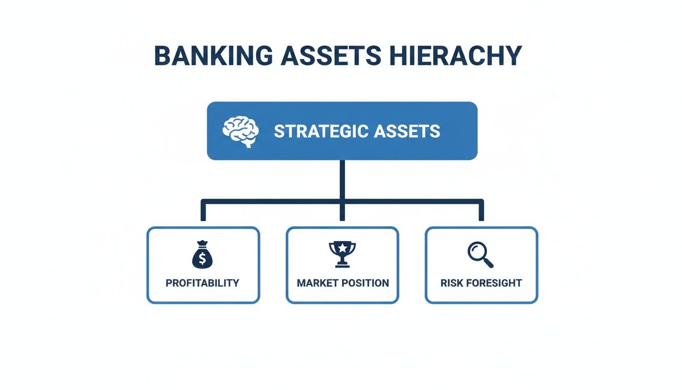 Hierarchy chart illustrating banking assets, categorizing strategic assets into profitability, market position, and risk foresight.