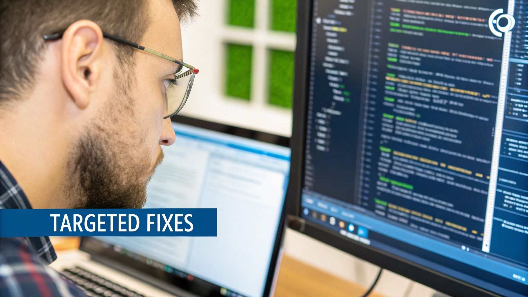 A team of bank professionals collaborating around a screen displaying analytics and charts.