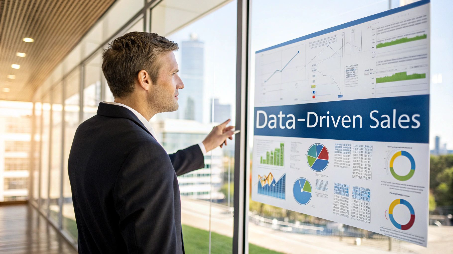 Businessman pointing at a 'Data-Driven Sales' display with charts and graphs in a modern office.