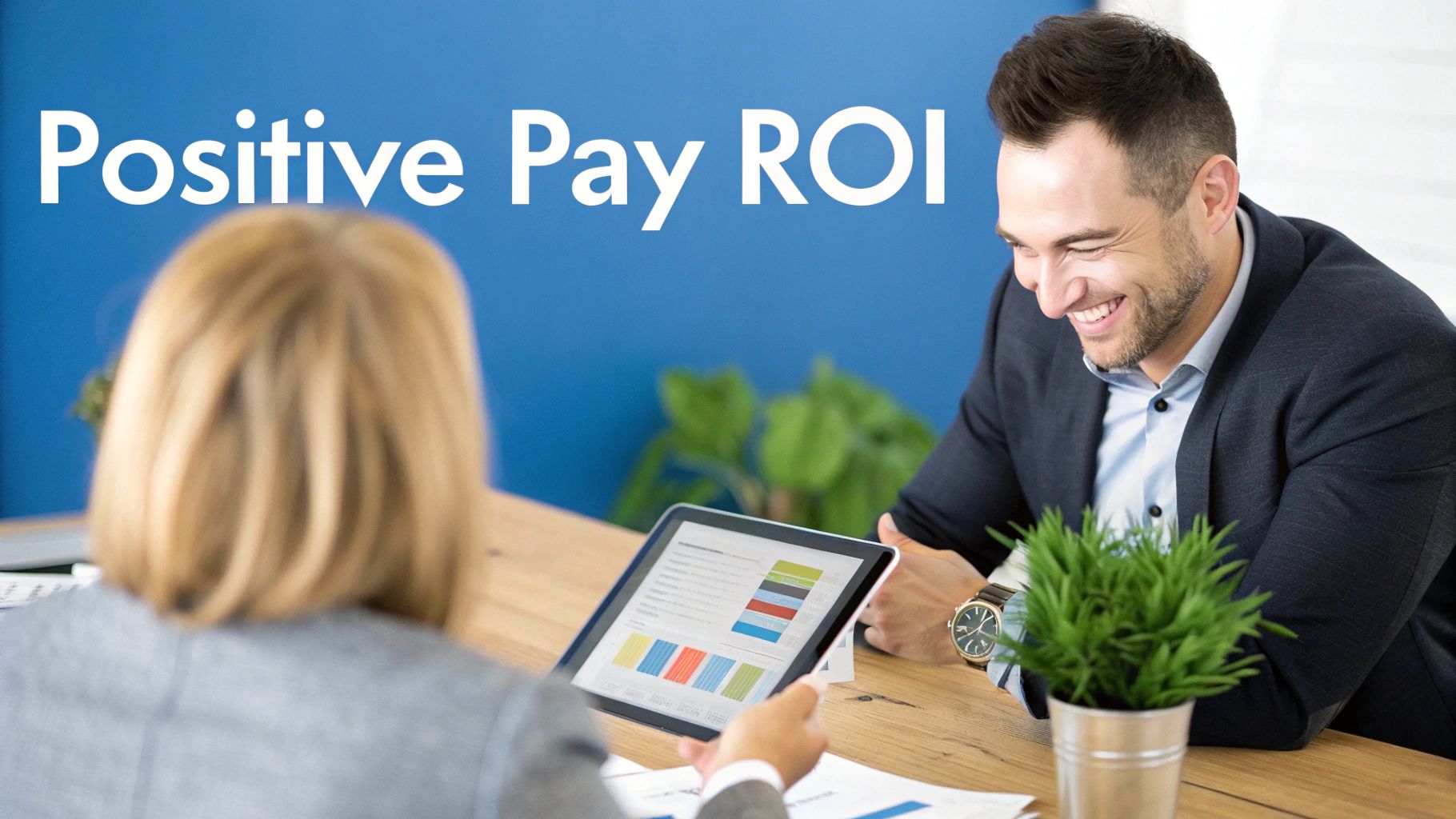 Smiling business professionals review financial data on a tablet, showcasing positive pay system benefits.