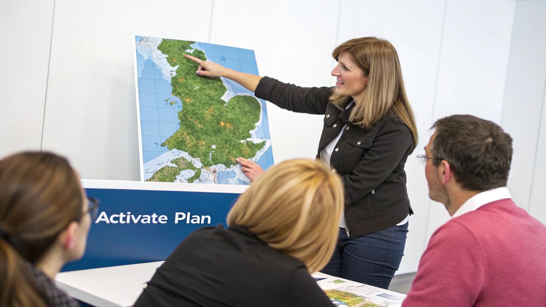 A woman points to a map of Great Britain during a business presentation, watched by attentive colleagues.