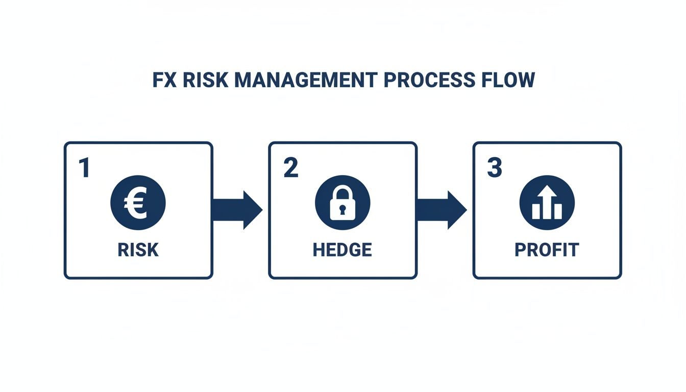 FX Risk Management Process Flow diagram illustrating steps from risk identification to hedging and profit.
