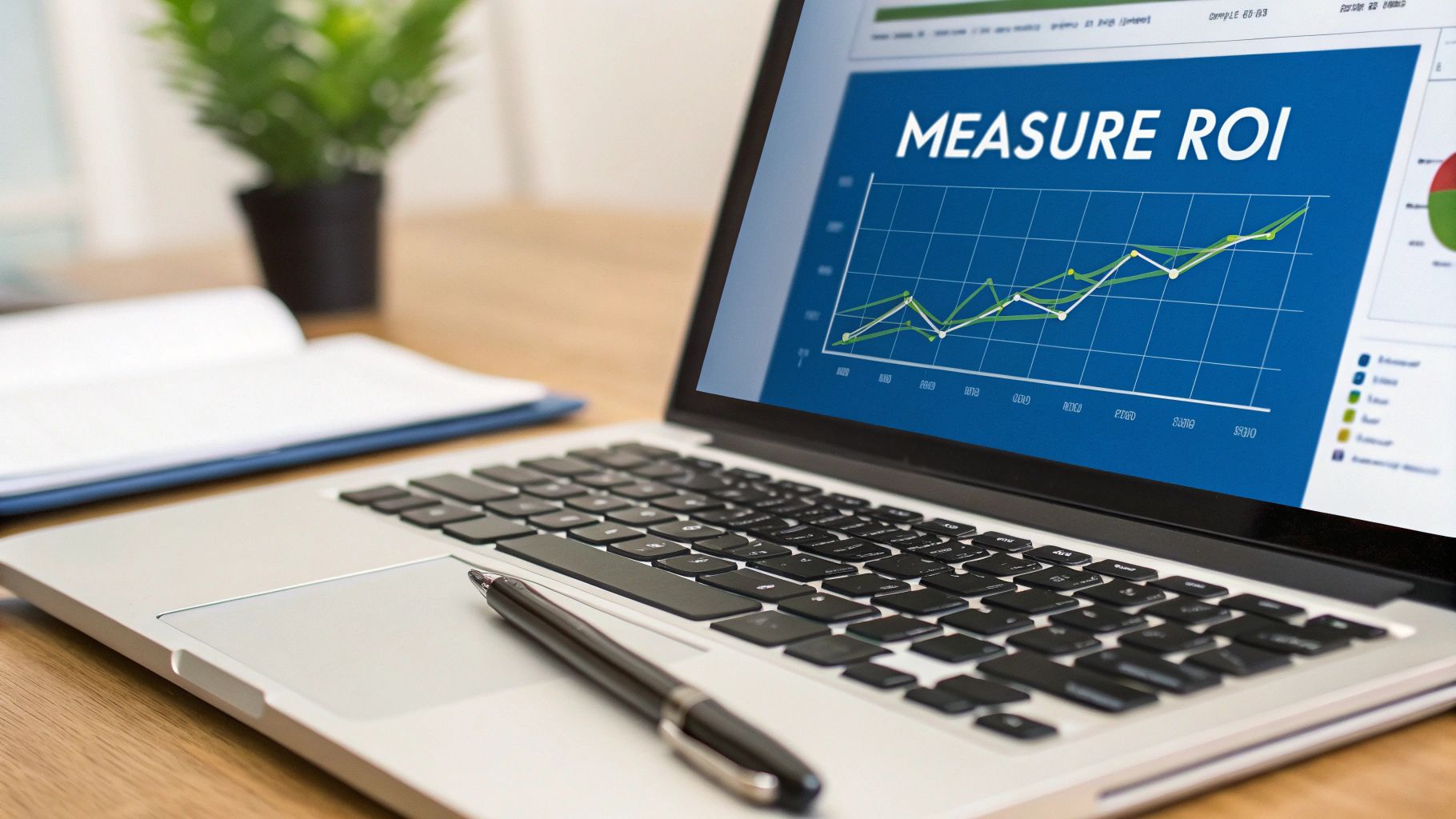 A laptop screen shows a 'MEASURE ROI' graph, with a pen, notebook, and plant on a wooden desk.