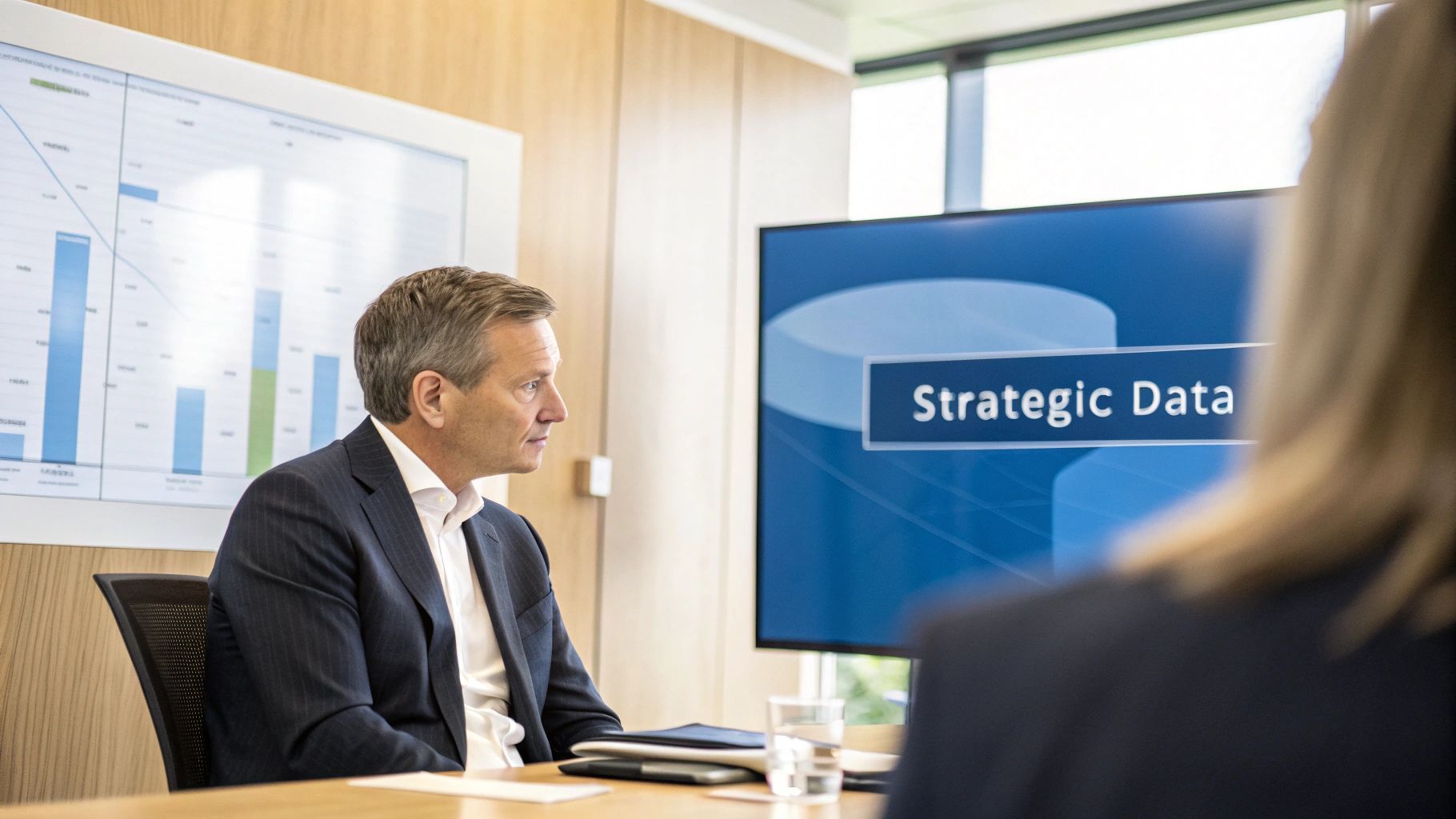 A team of professionals collaborating around a desk with laptops, reviewing charts and data dashboards.