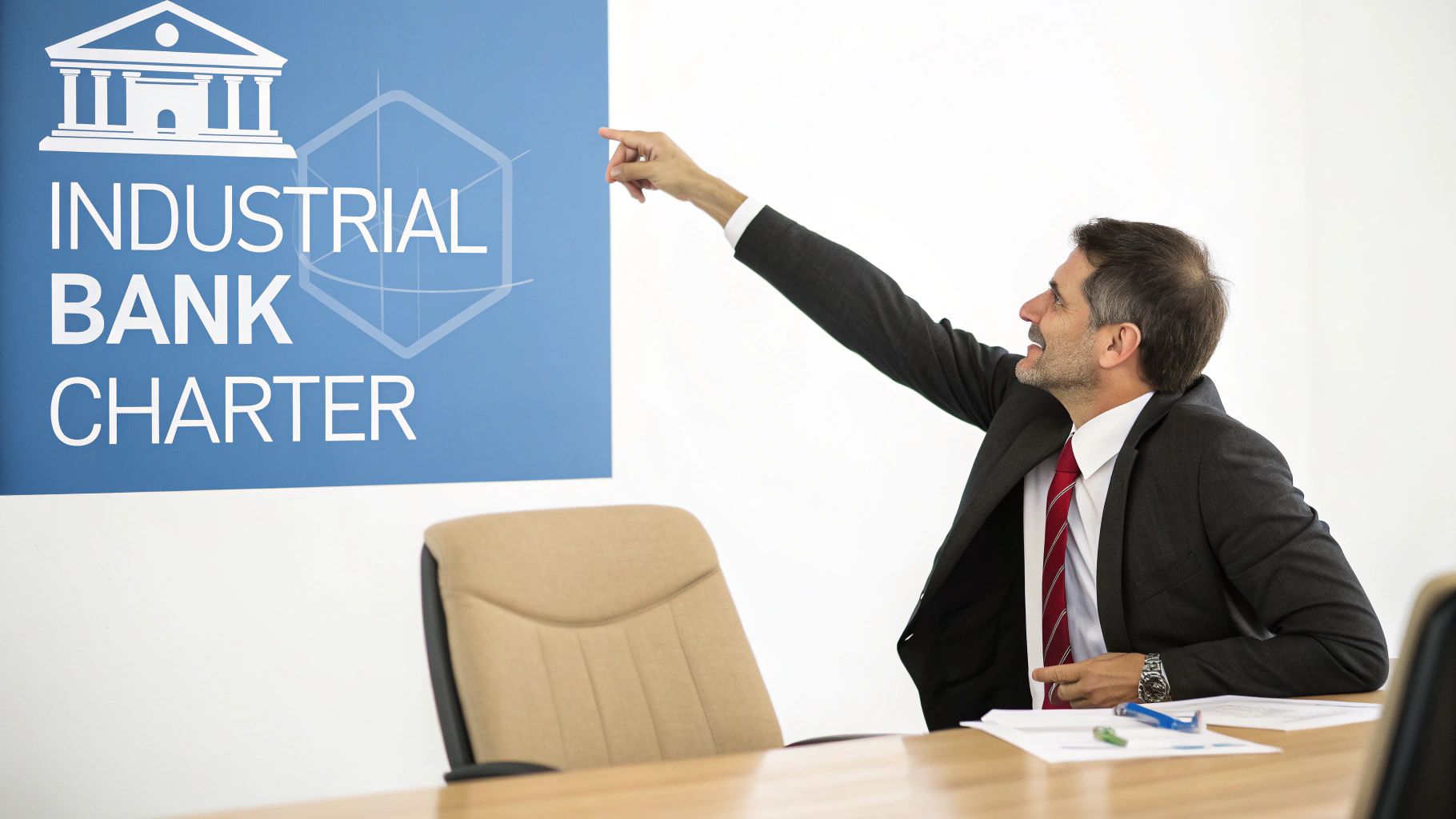 Businessman in a suit points to an "Industrial Bank Charter" sign in a modern office.